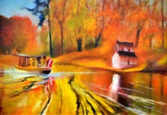 Golden Time. Large abstract Landscape Oil Painting on Italian canvas.