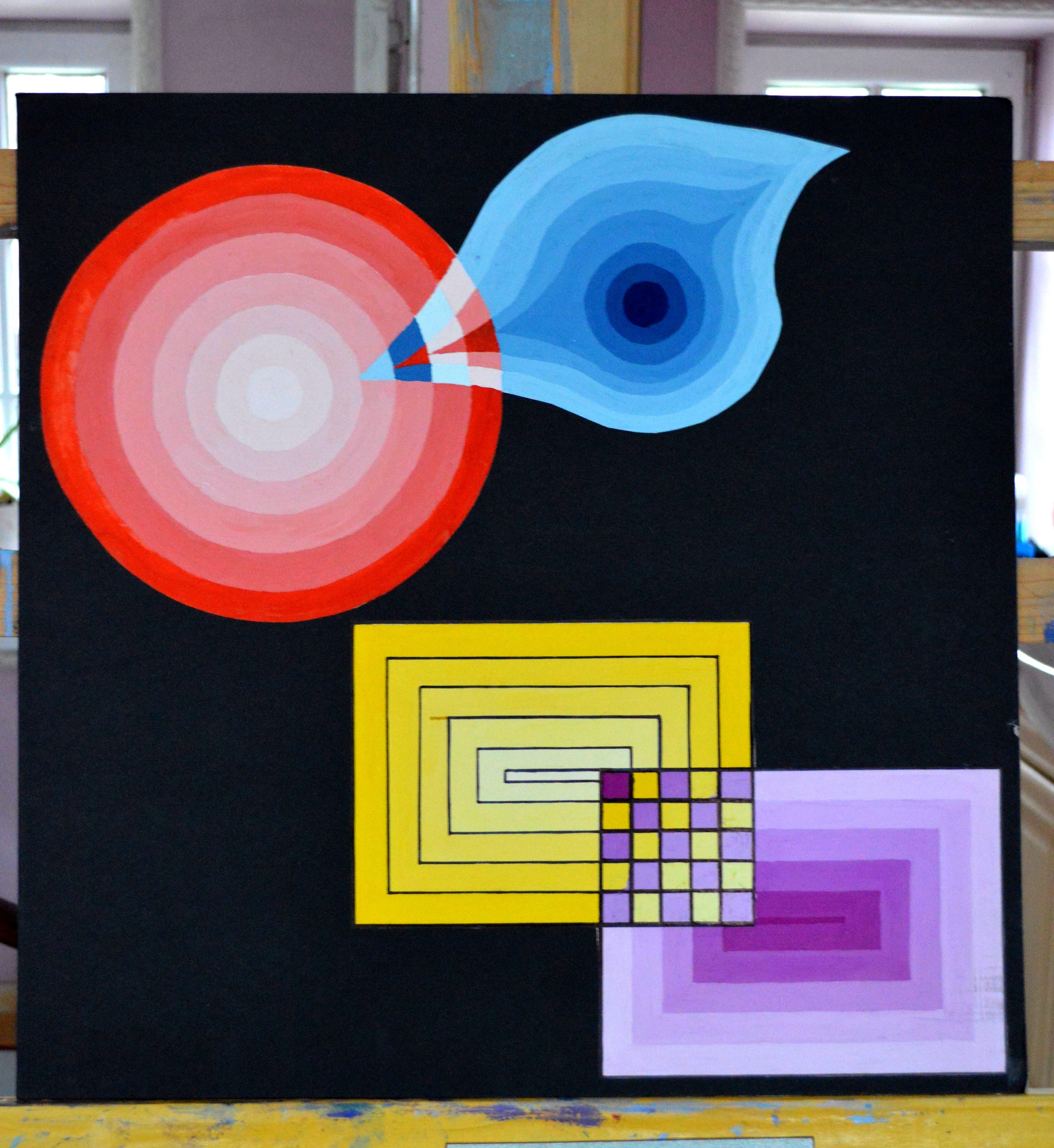 Nel creare questo pezzo, ho cercato di esplorare l'equilibrio tra intensità emotiva e calma meditativa. Utilizzando forme geometriche e simboliche in grassetto con guazzo e matita colorata, ogni forma invita l'osservatore a entrare in uno spazio