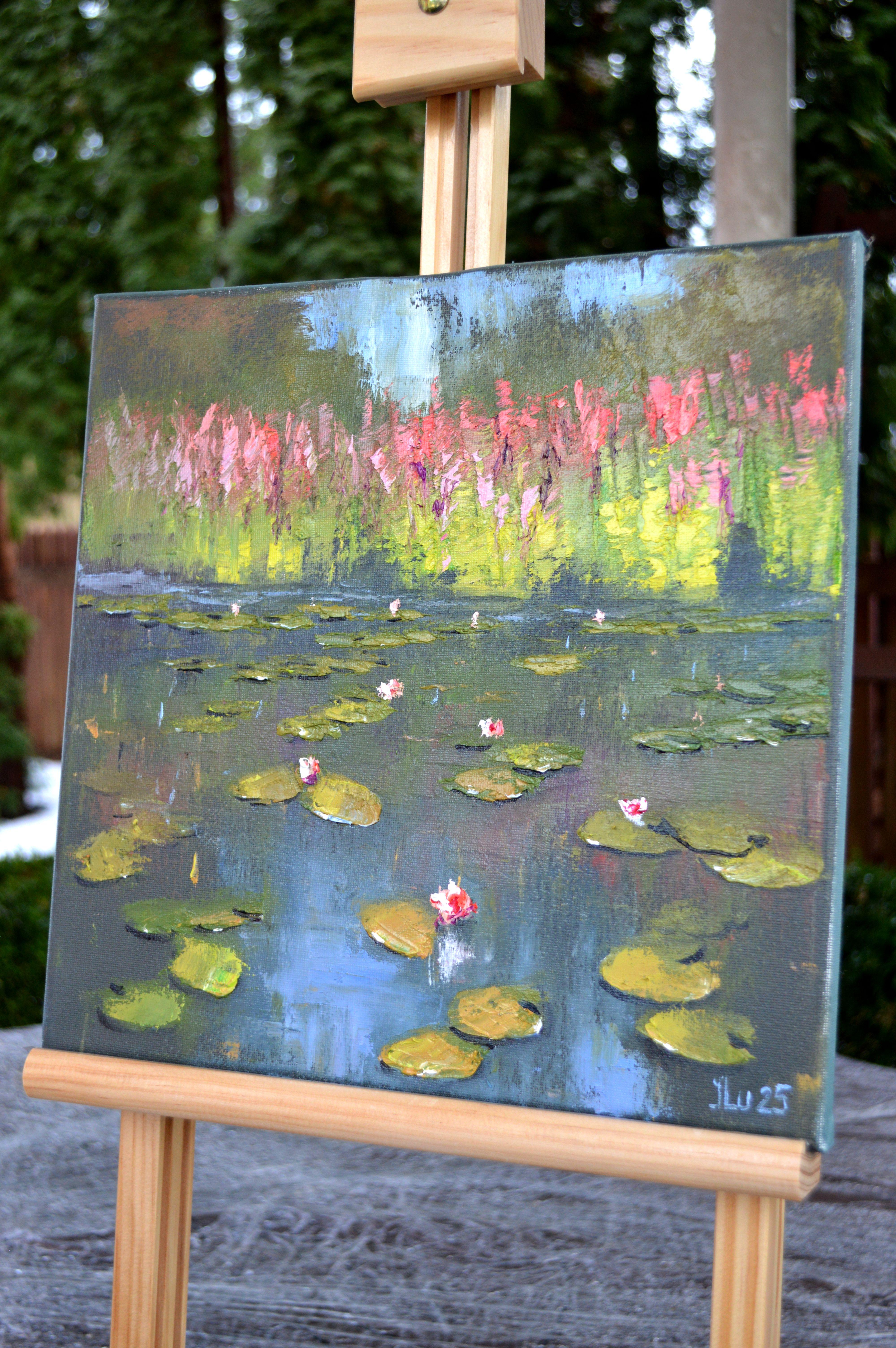 Grüner Teich 30X30 (Grau), Landscape Painting, von Elena Lukina