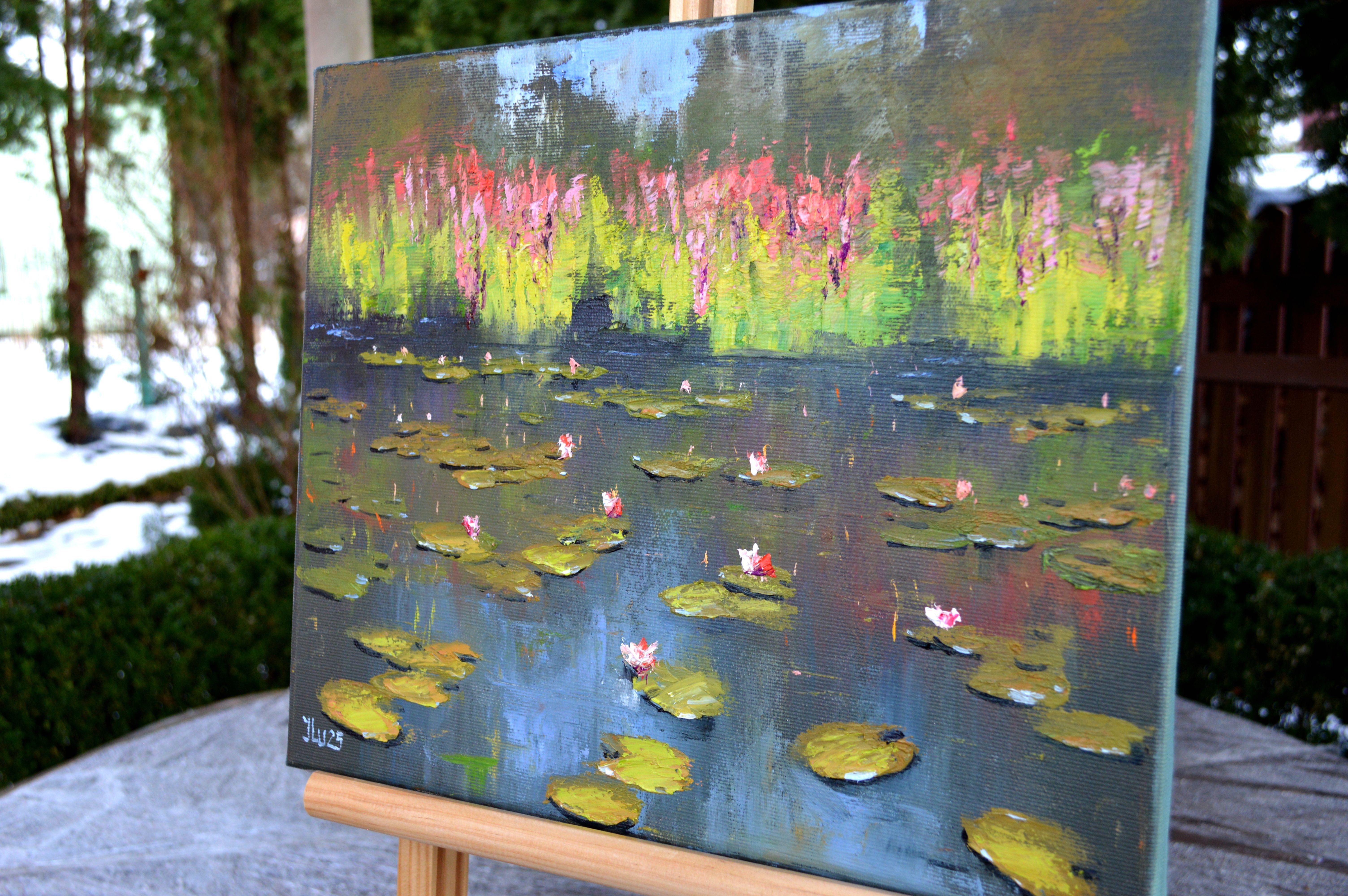 Green Pond - Gray Landscape Painting by Elena Lukina