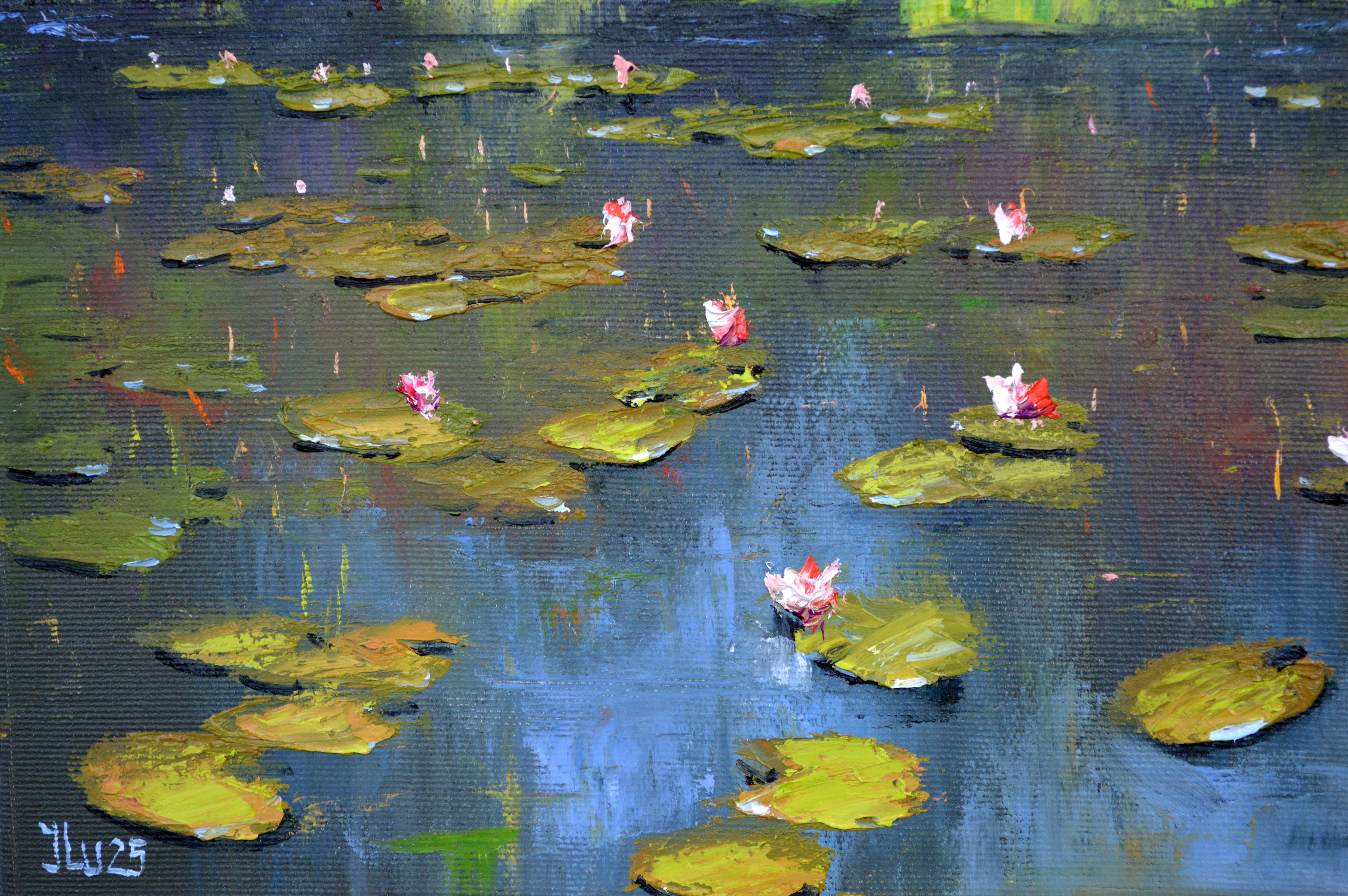 In creating this piece, I sought to capture the serene yet vibrant spirit of a blossoming pond. With thick, expressive oil strokes, I combined elements of realism and impressionism to illustrate the reflective waters adorned by lively lily pads and