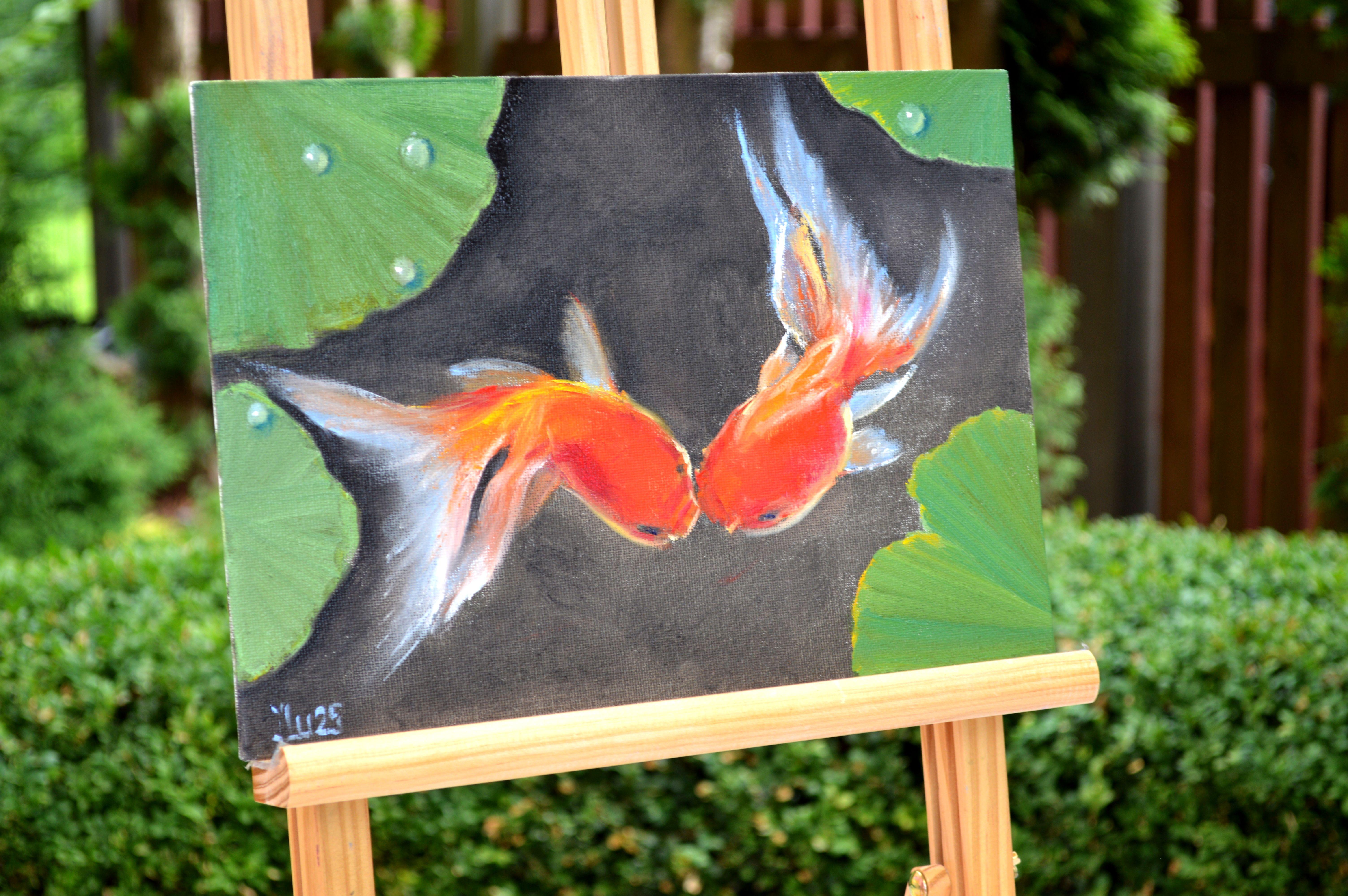 Des poissons heureux - Expressionniste Painting par Elena Lukina