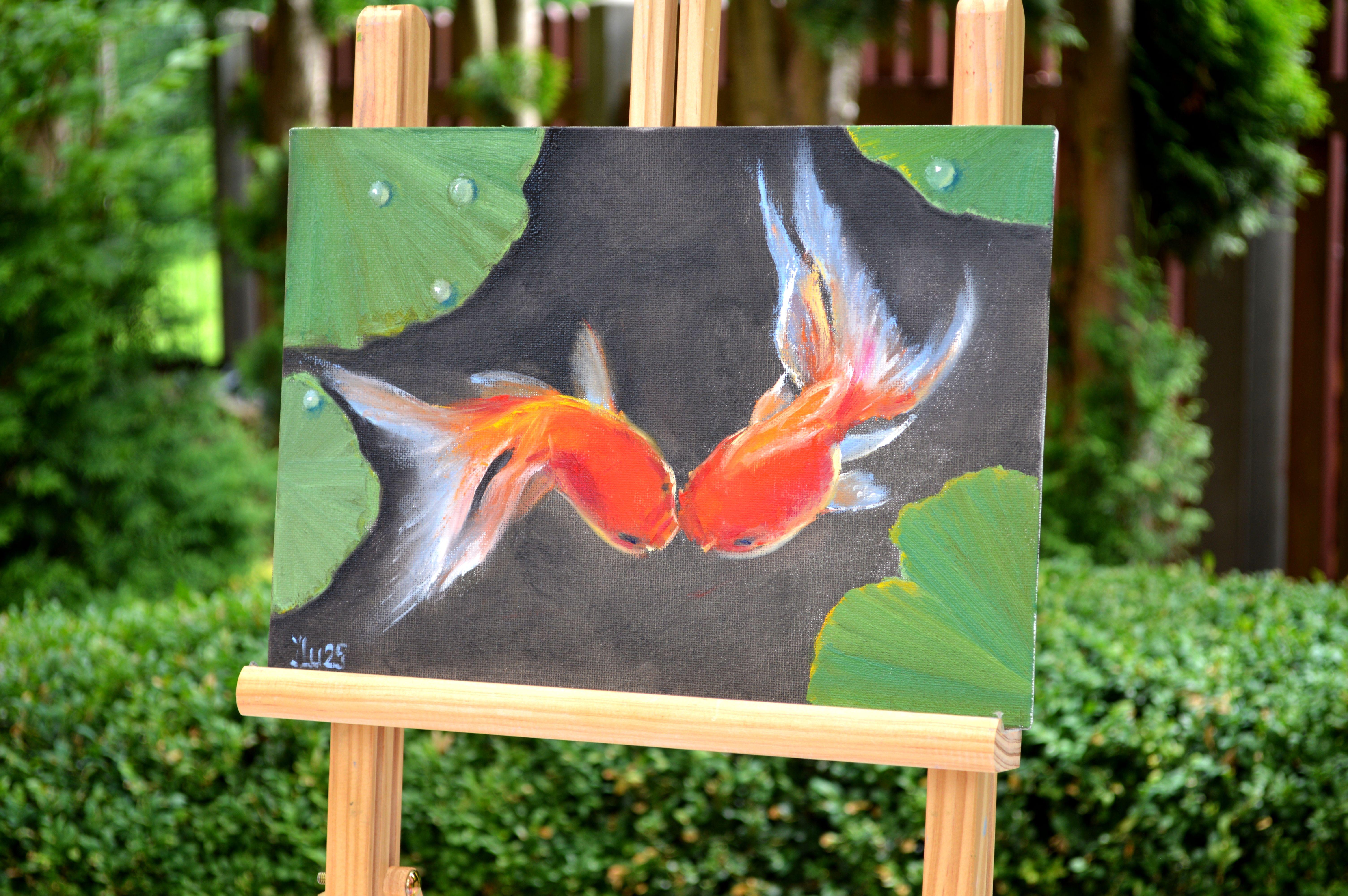 Des poissons heureux - Noir Landscape Painting par Elena Lukina