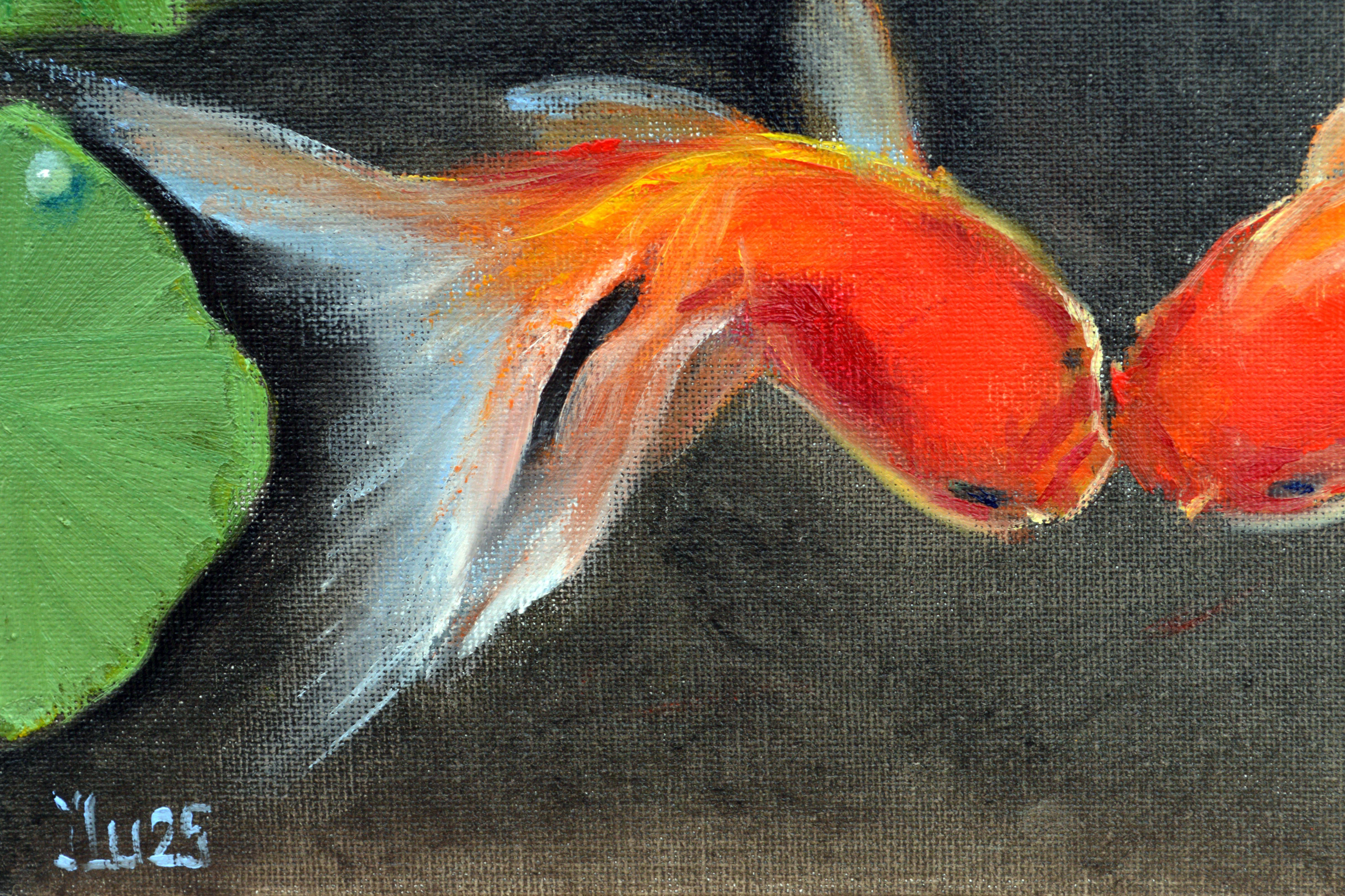 Dans cette œuvre, j'ai déversé des émotions vibrantes sur la toile à l'aide d'huile, capturant deux poissons espiègles dansant au milieu de nénuphars luxuriants. J'ai cherché à exprimer la joie et la connexion, en mélangeant l'expressionnisme et