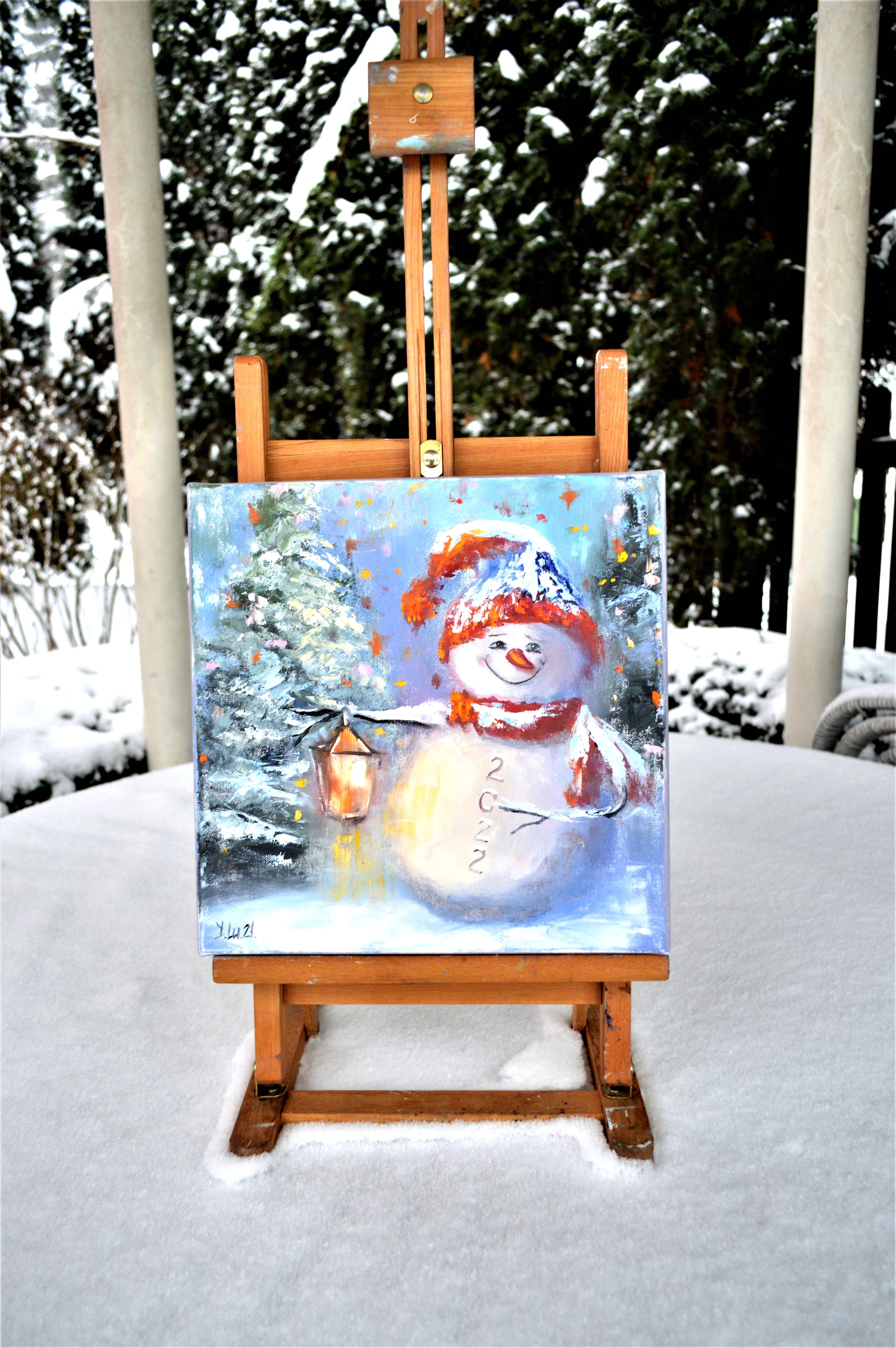 Happy Snowman 30X30 - Expressionniste Painting par Elena Lukina
