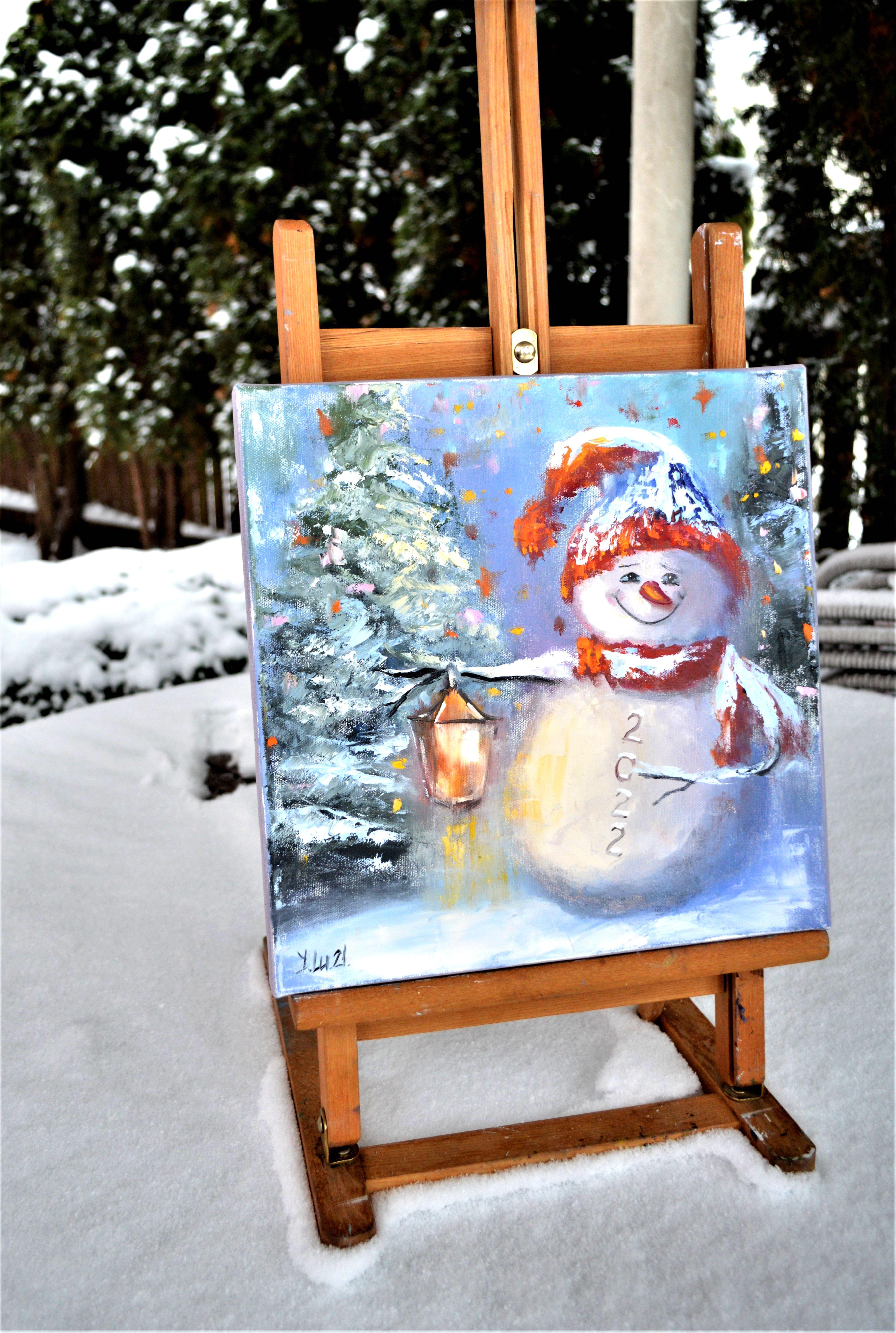 In this oil painting, I've captured a moment of pure, childlike wonder—a cheerful snowman set against a winter twilight. Its bright, lively colors evoke innocence and nostalgia, inviting warmth and joy into your home. With playful brushstrokes and a