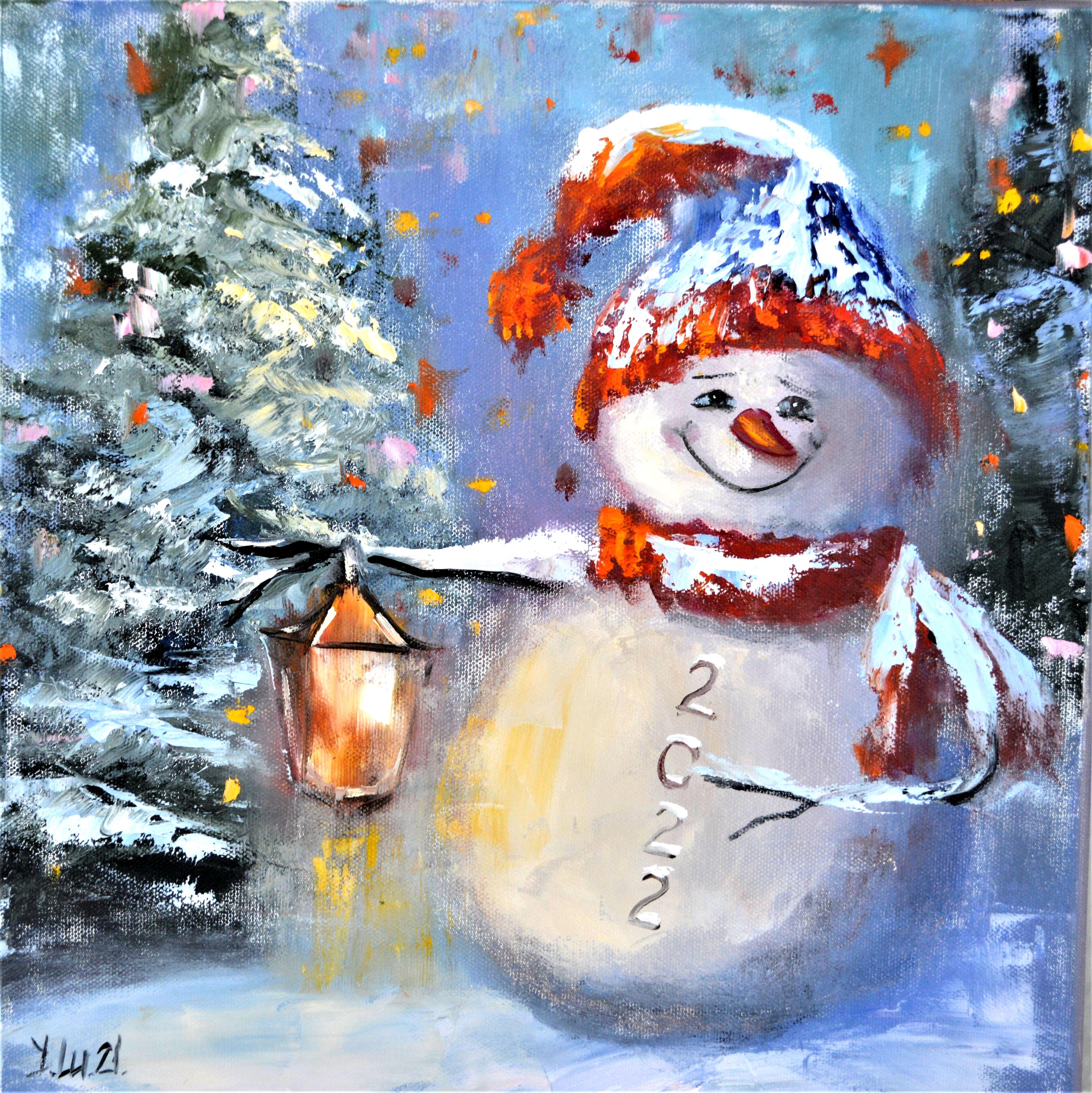 Elena Lukina Figurative Painting - Happy snowman 30X30