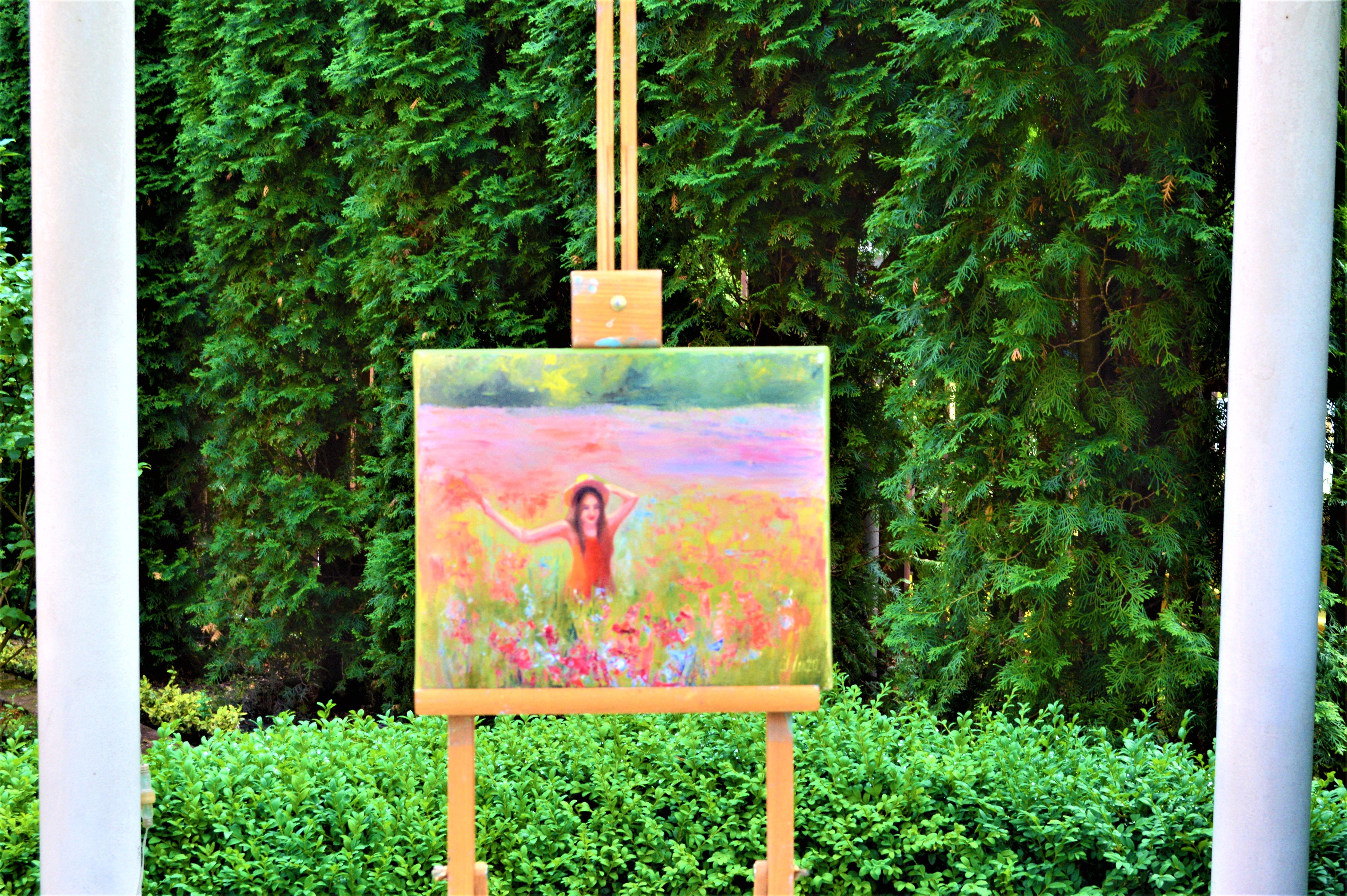 Happy summer 25X30 huile, cadeaux de Saint-Valentin art - Expressionniste Painting par Elena Lukina