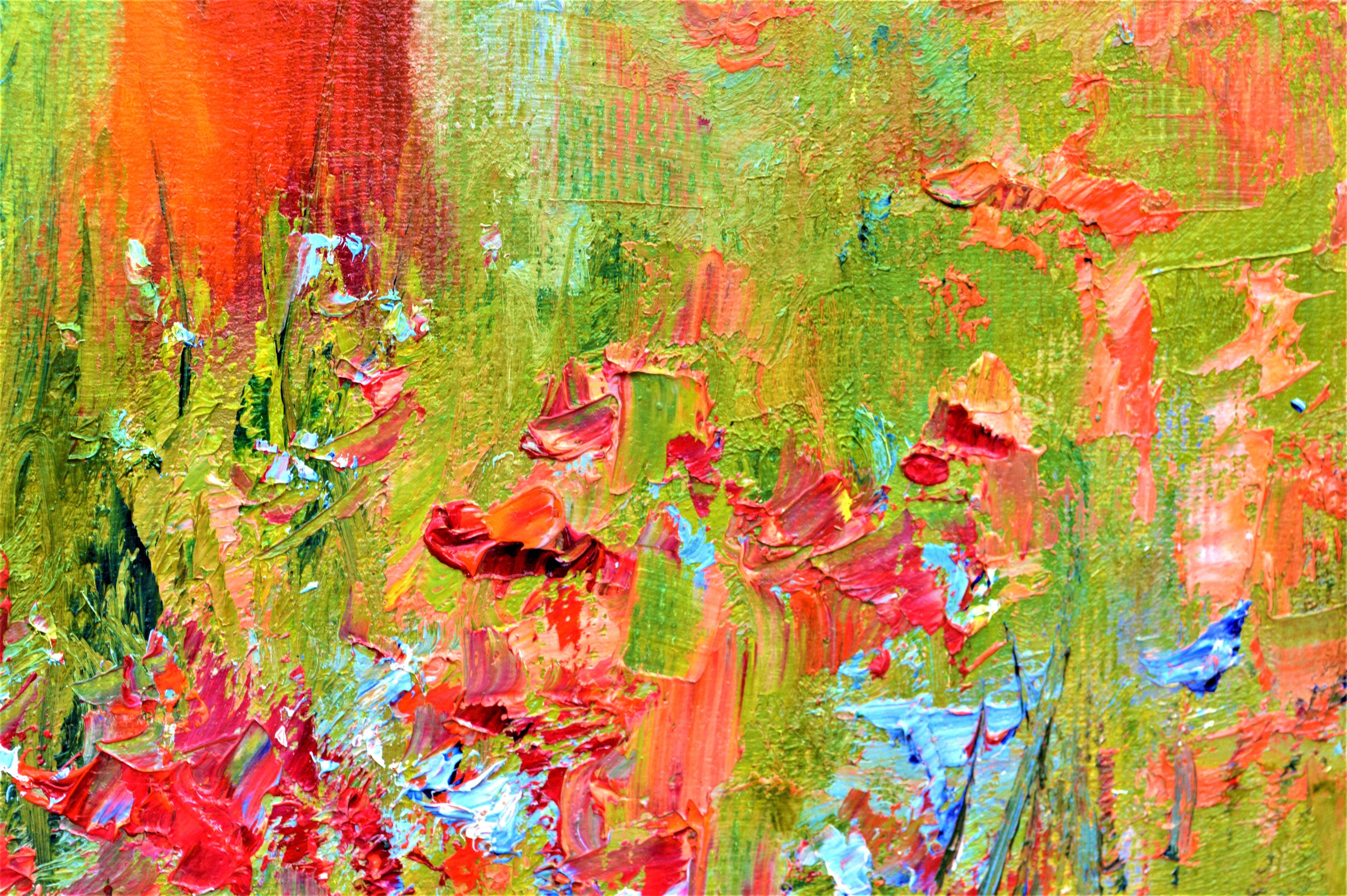 Dans cette huile sur toile expressive, les teintes vibrantes dansent avec la lumière et l'énergie, capturant l'essence d'une prairie gorgée de soleil. Le personnage embrasse la chaleur, entouré de la jubilation des fleurs d'été. Chaque coup de