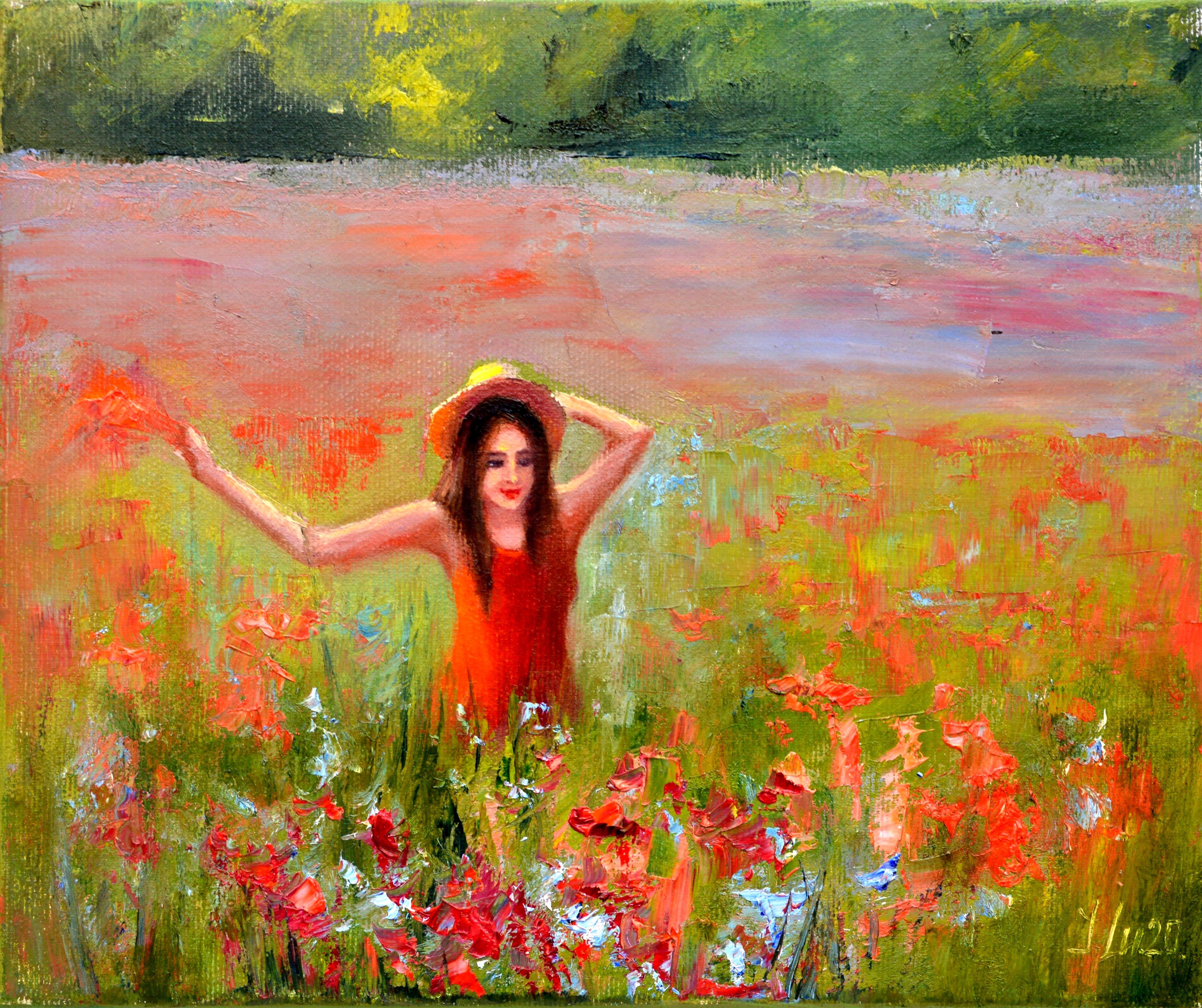 Figurative Painting Elena Lukina - Happy summer 25X30 huile, cadeaux de Saint-Valentin art