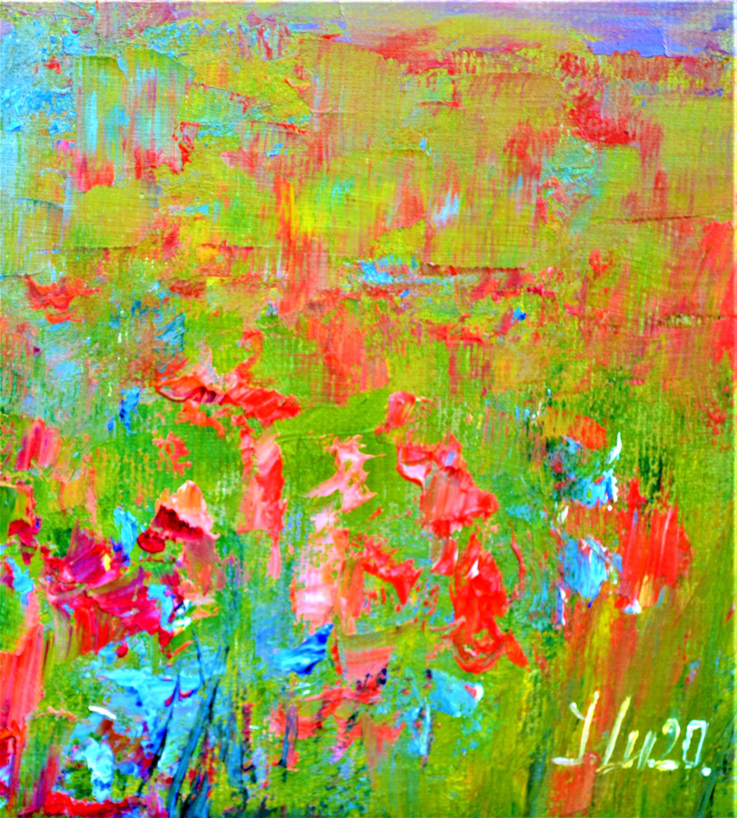 In this expressive oil on canvas, vibrant hues dance with light and energy, capturing the essence of a sun-soaked meadow. The figure embraces the warmth, surrounded by the jubilance of summer blooms. Each brushstroke channels the joyous spirit of
