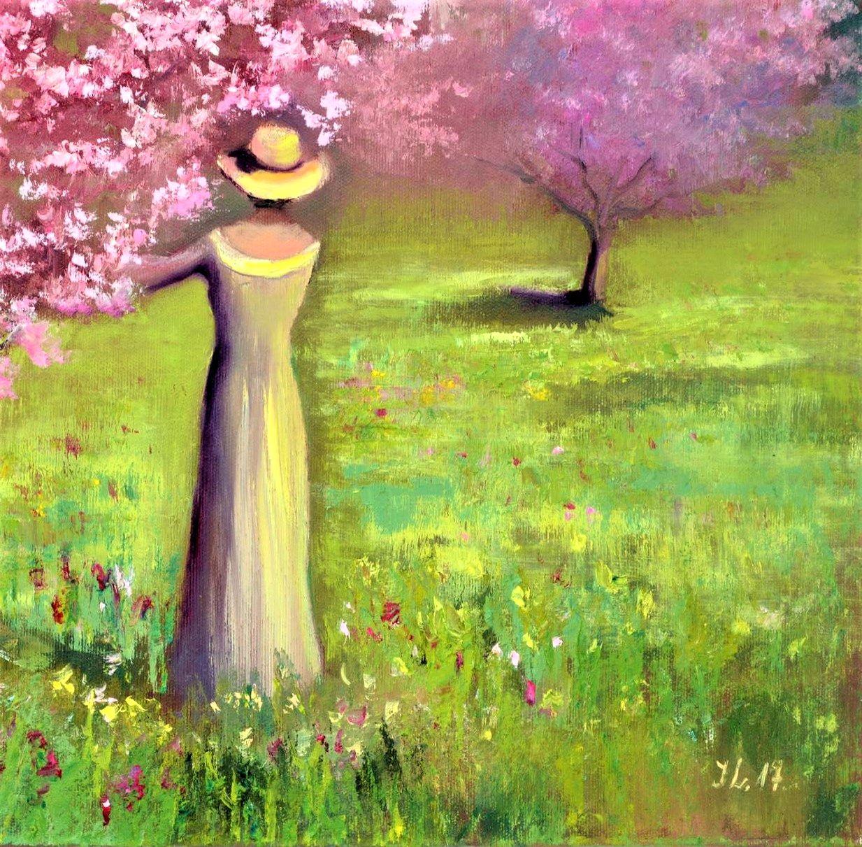 Verger de cerisiers - Expressionniste Painting par Elena Lukina