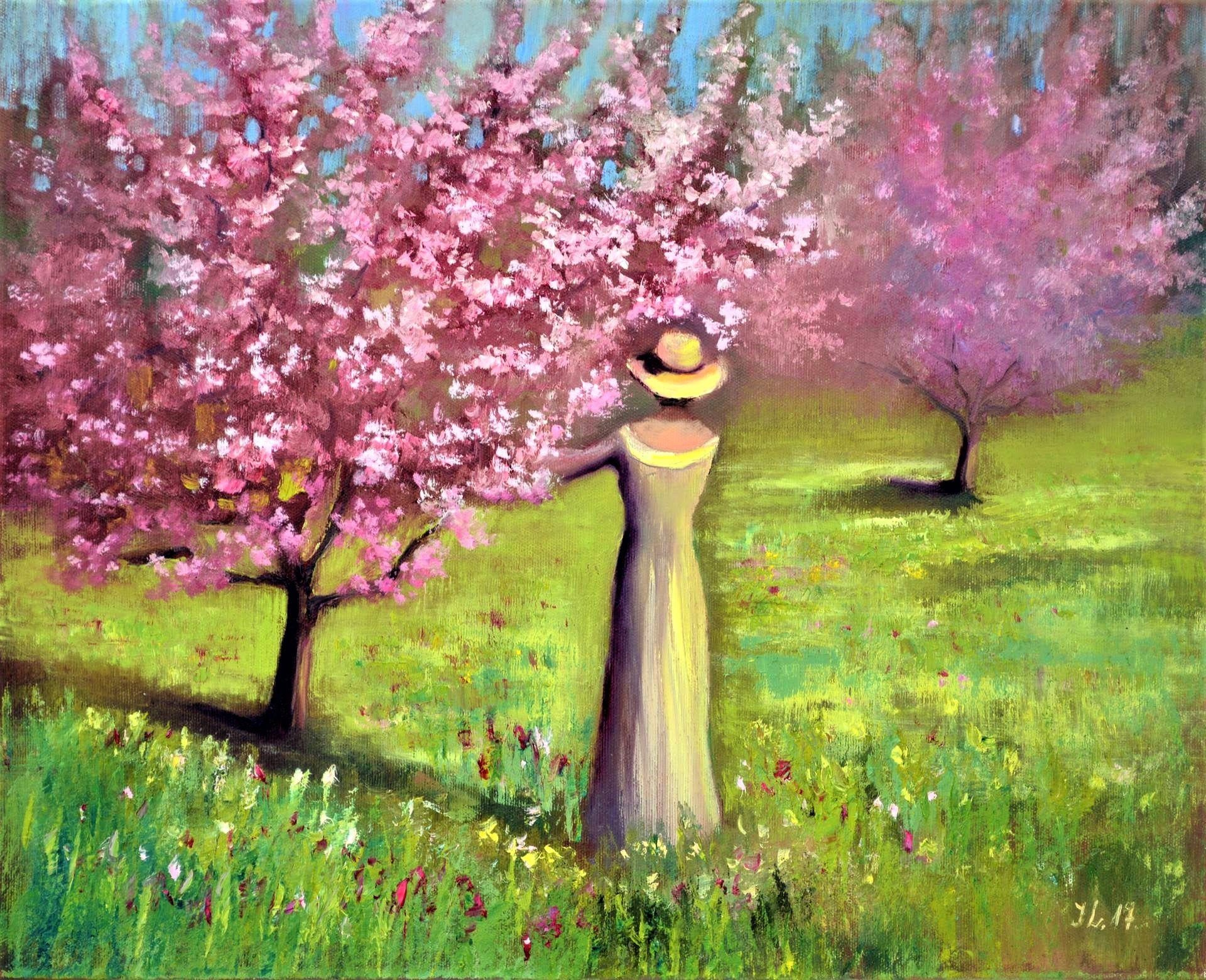 Elena Lukina Landscape Painting – Сherry-Obstgarten