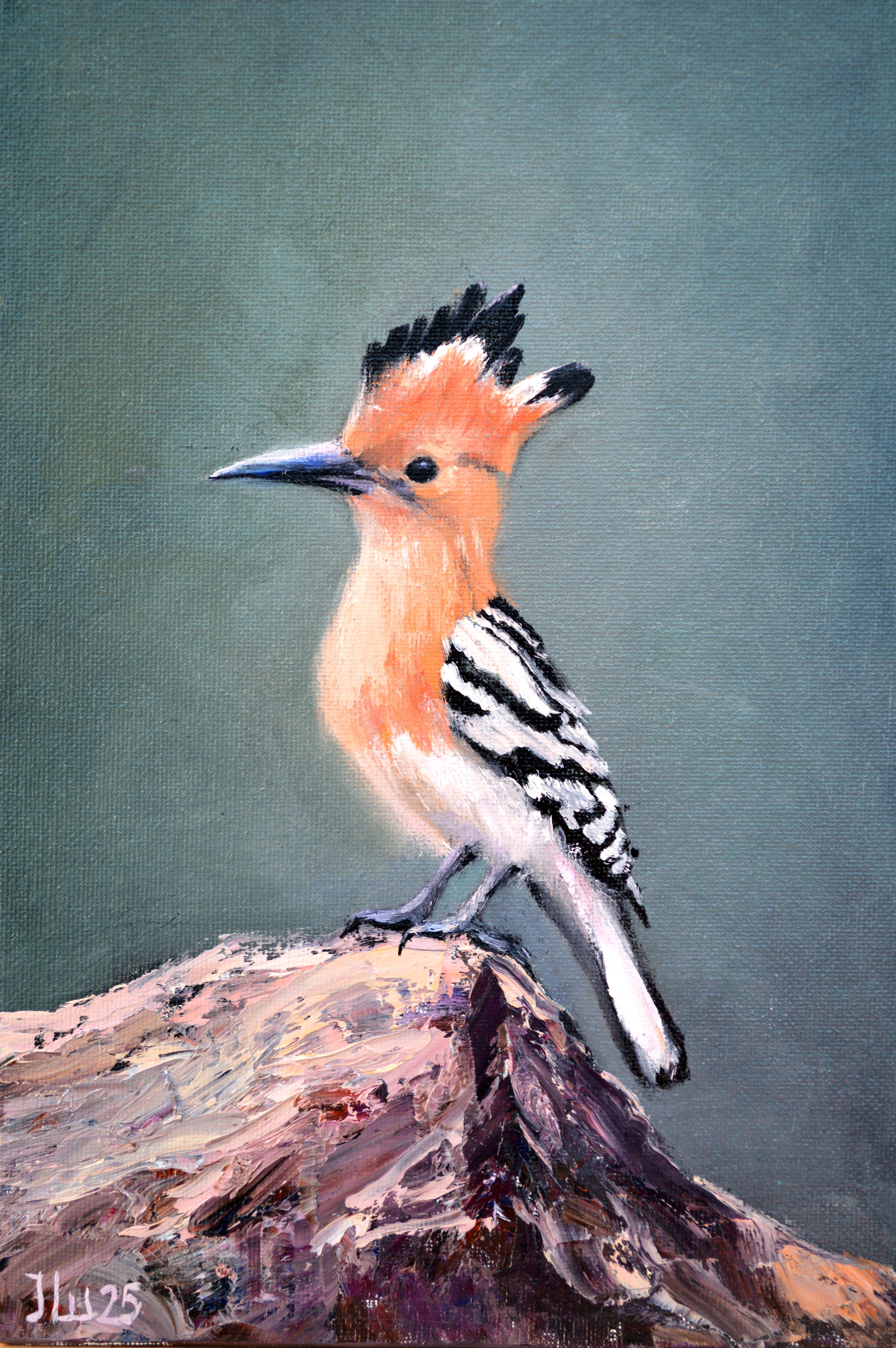 In painting this hoopoe, I poured my fascination for nature's intricate designs into every stroke of oil paint. With a blend of realism and expressionism, I sought to capture not just the bird’s striking appearance but also its essence of wild