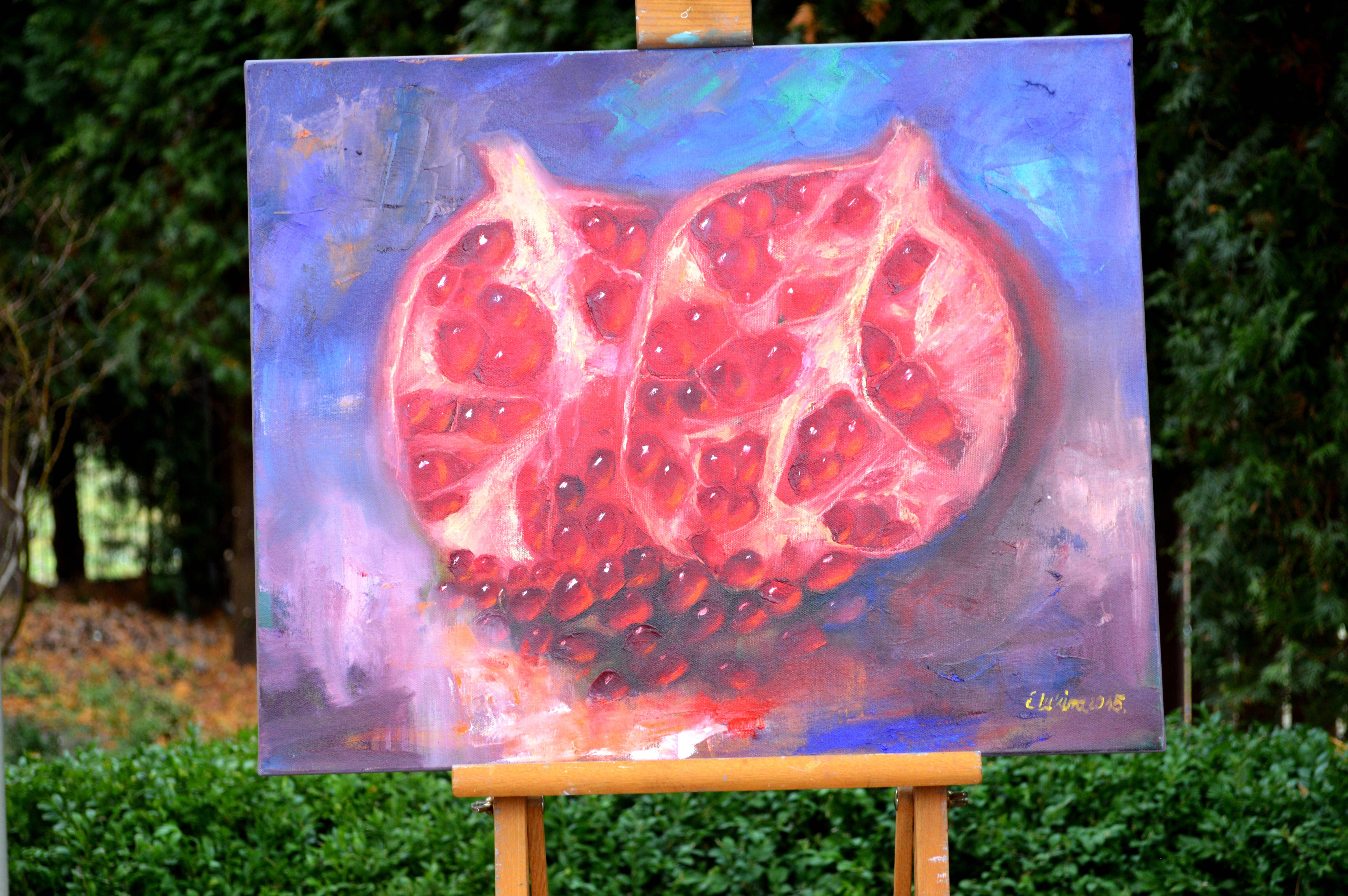 In this passionate dance of colors, I've captured the vibrant essence of life itself through the allegory of pomegranates. Oil paint weaves a textural symphony, blending realism with touches of impressionism, expressionism, and fine art. Each