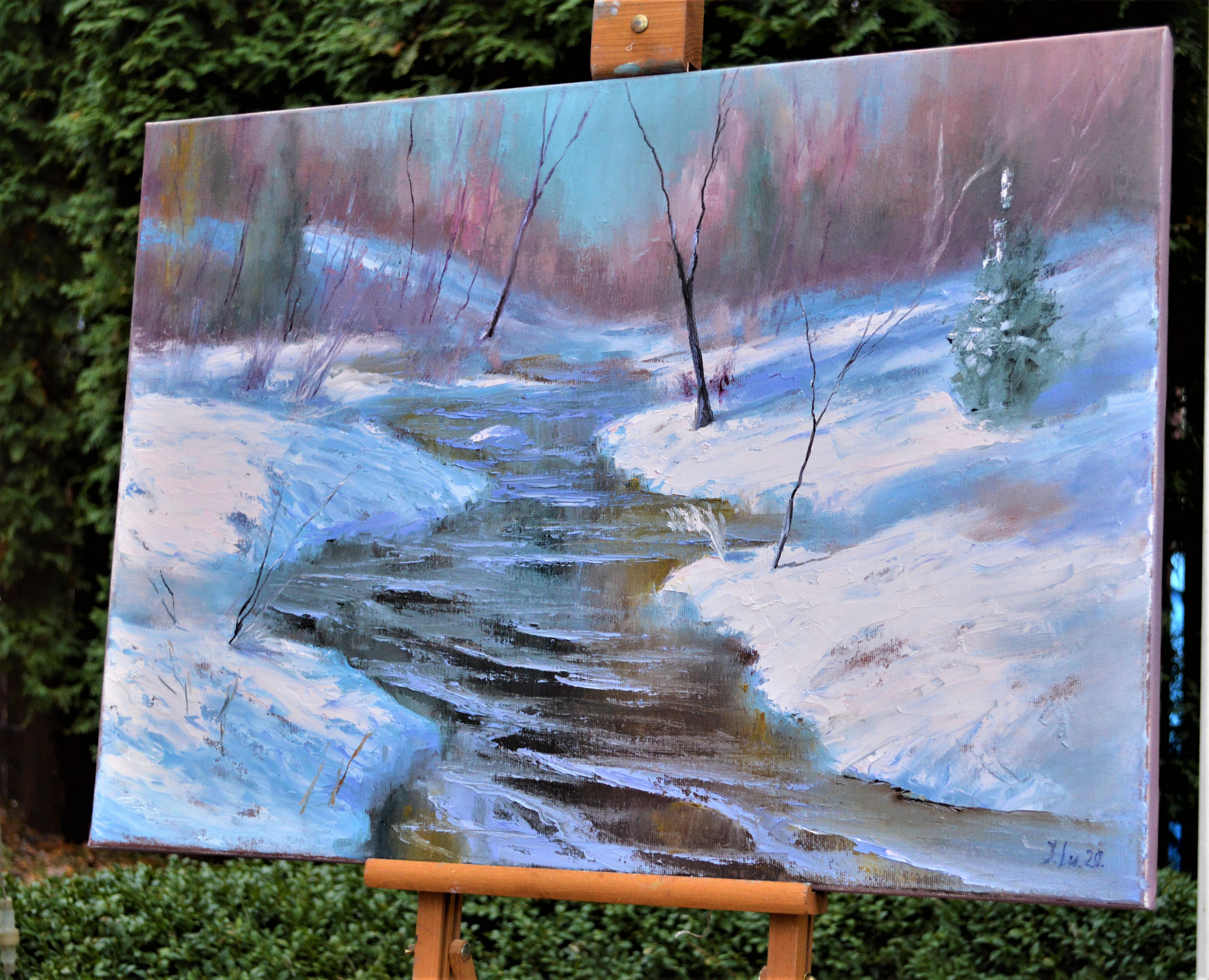 In this piece, I've poured my soul into capturing the raw, serene beauty of nature's embrace during the winter. I've blended expressionism with touches of realism to evoke the stillness and mystery of a forest draped in snow, with an icy river
