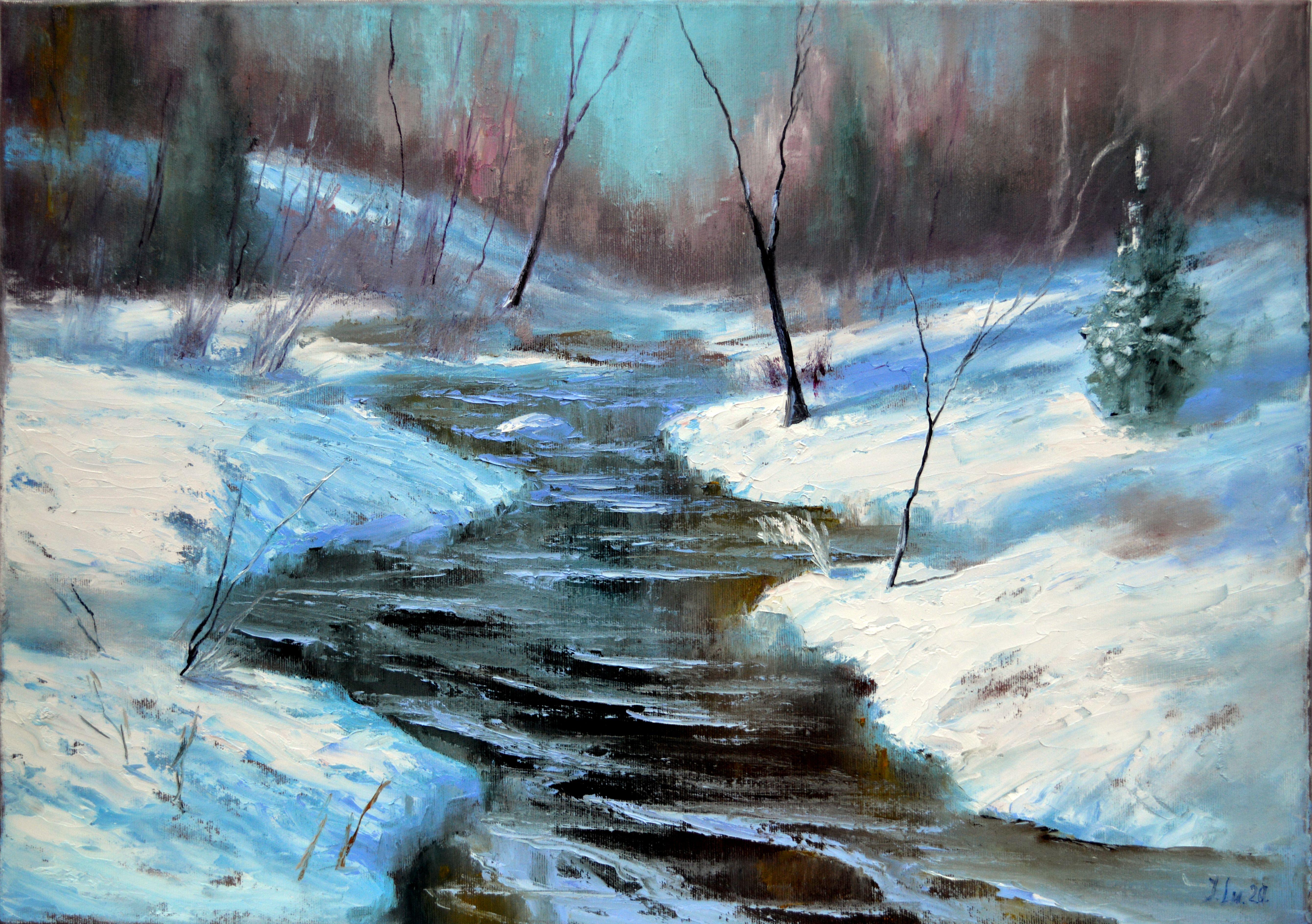 Elena Lukina Landscape Painting - Icy river in the Christmas forest 50X70