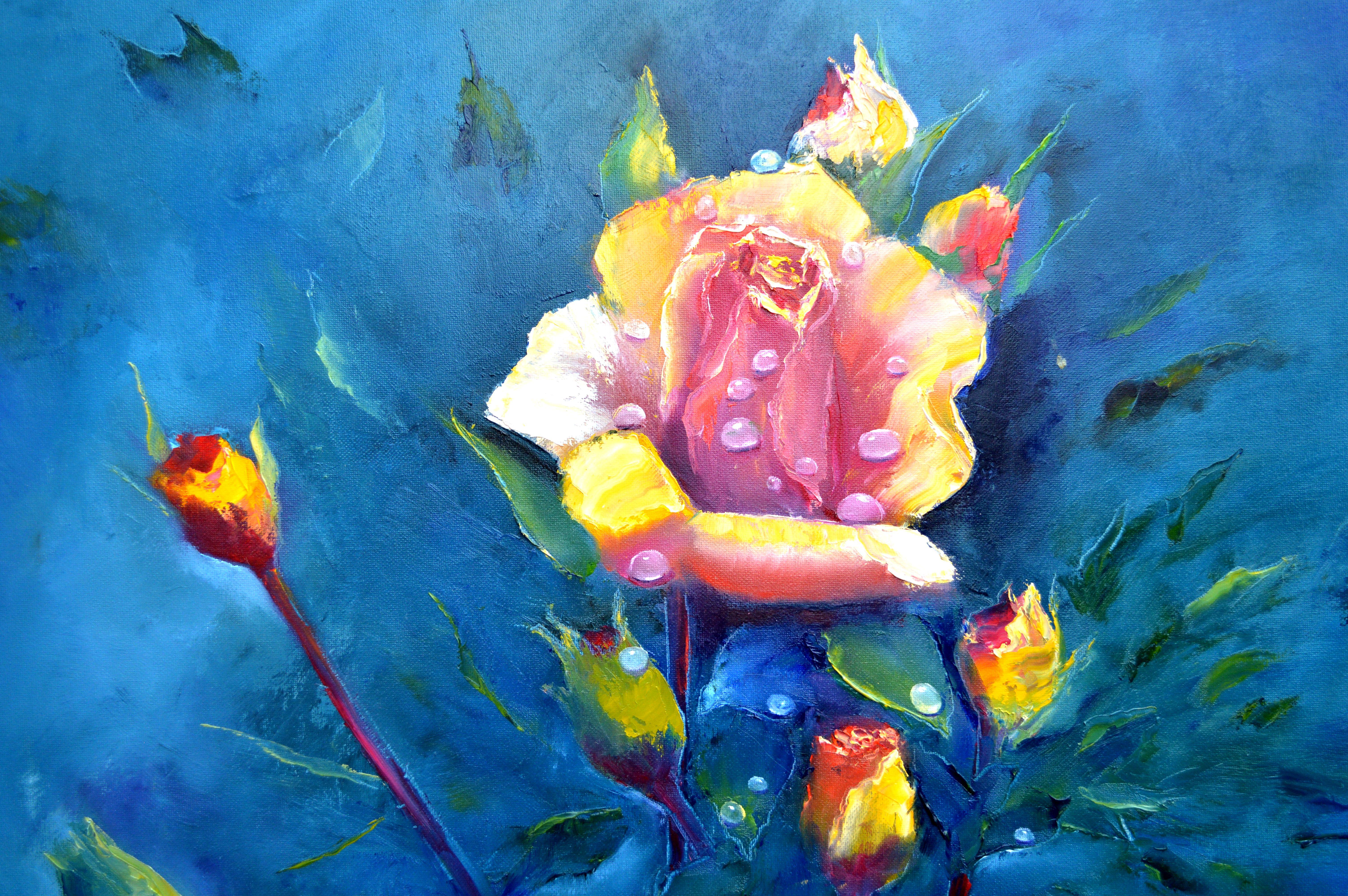 With each brushstroke, I sought to capture the vivacity and resilience of nature's beauty. This piece is a symphony of emotion, where the vibrancy of the roses against the tranquil blue whispers tales of hope and renewal. In it, I infused the