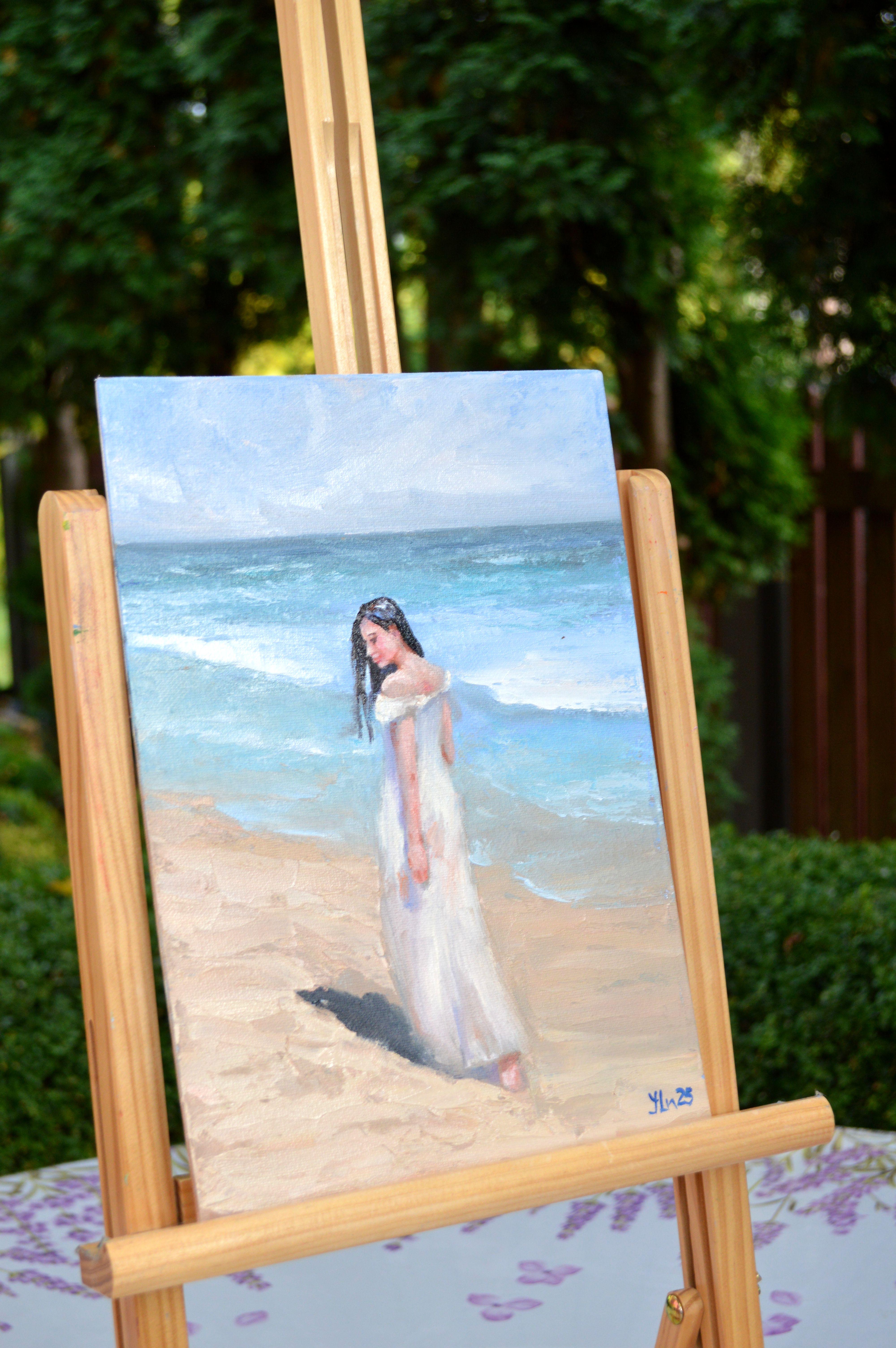 Dans la solitude au bord de la mer - Gris Figurative Painting par Elena Lukina