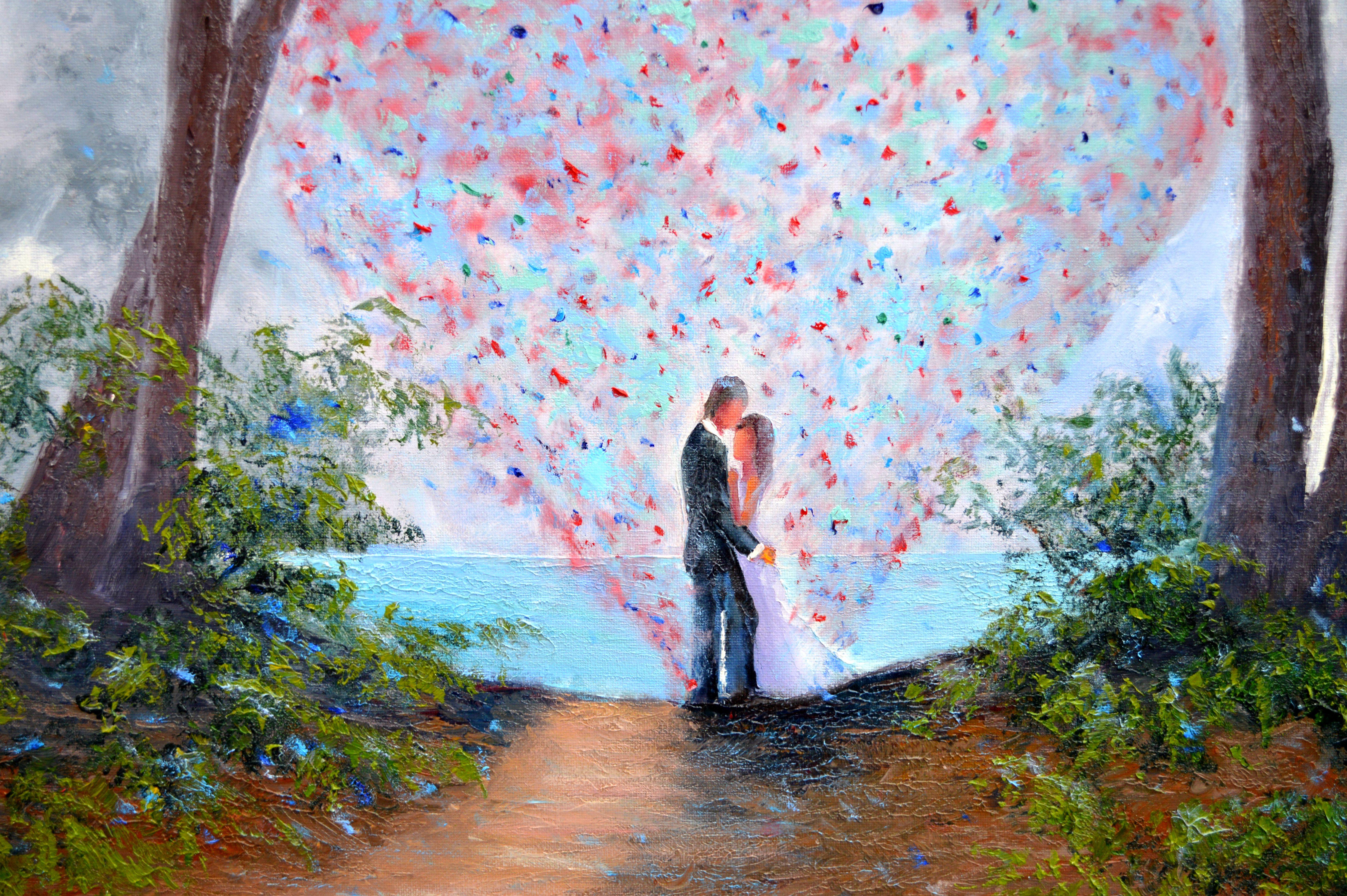 Romantisches Herz. Valentinstag. Liebe.
Mit jedem Pinselstrich habe ich einen flüchtigen Moment der Liebe und Verbundenheit eingefangen. Der Wald, Symbol für die Komplexität des Lebens, umrahmt ein Paar, das sich zärtlich umarmt. Das klare Herz, das