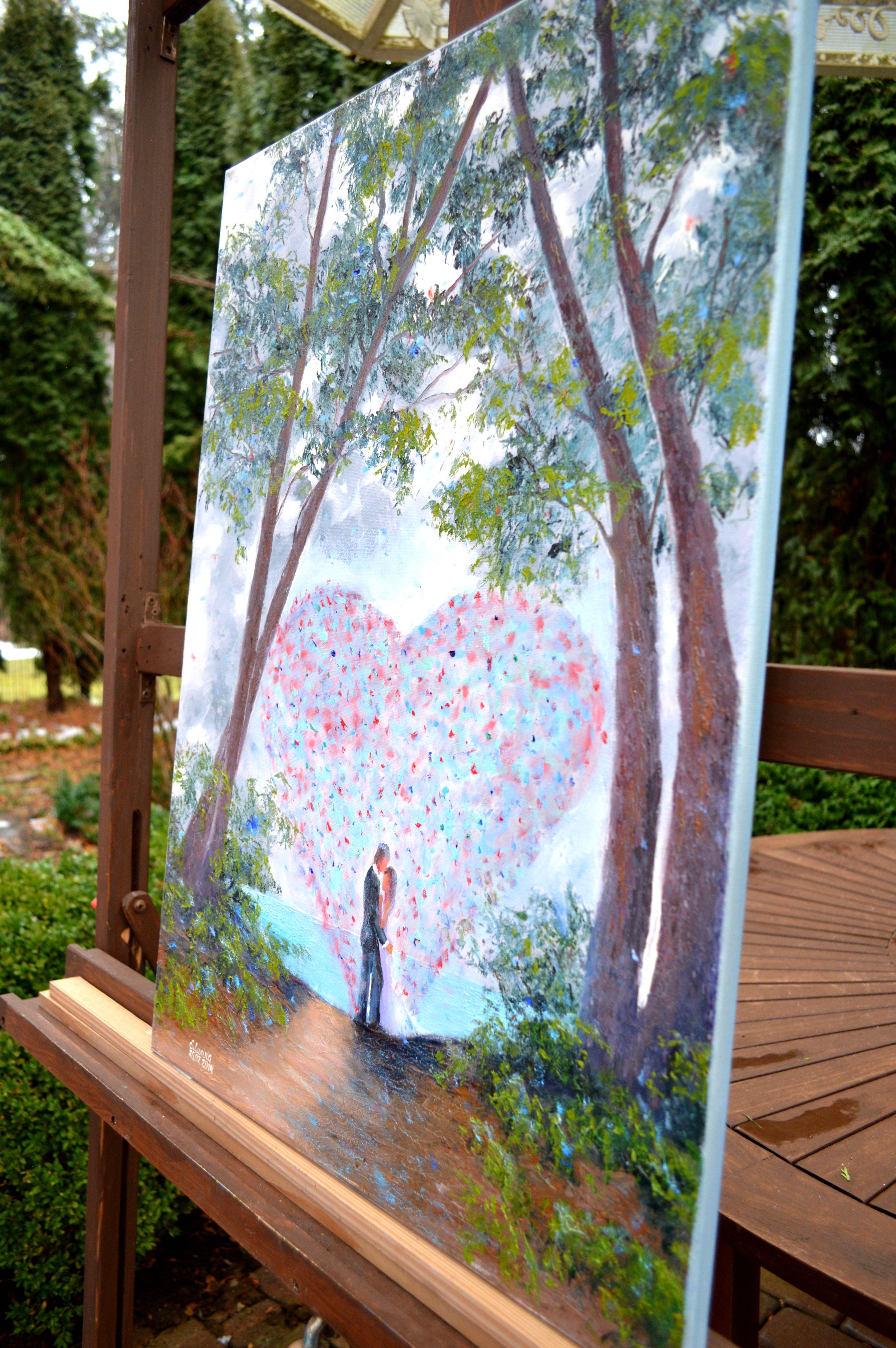 Romantic heart. Valentine. Love.
With each brushstroke, I captured an ephemeral moment of love and connection. The forest, symbolic of life's complexities, frames a couple enfolded in a tender embrace, the clear heart encircling them representing