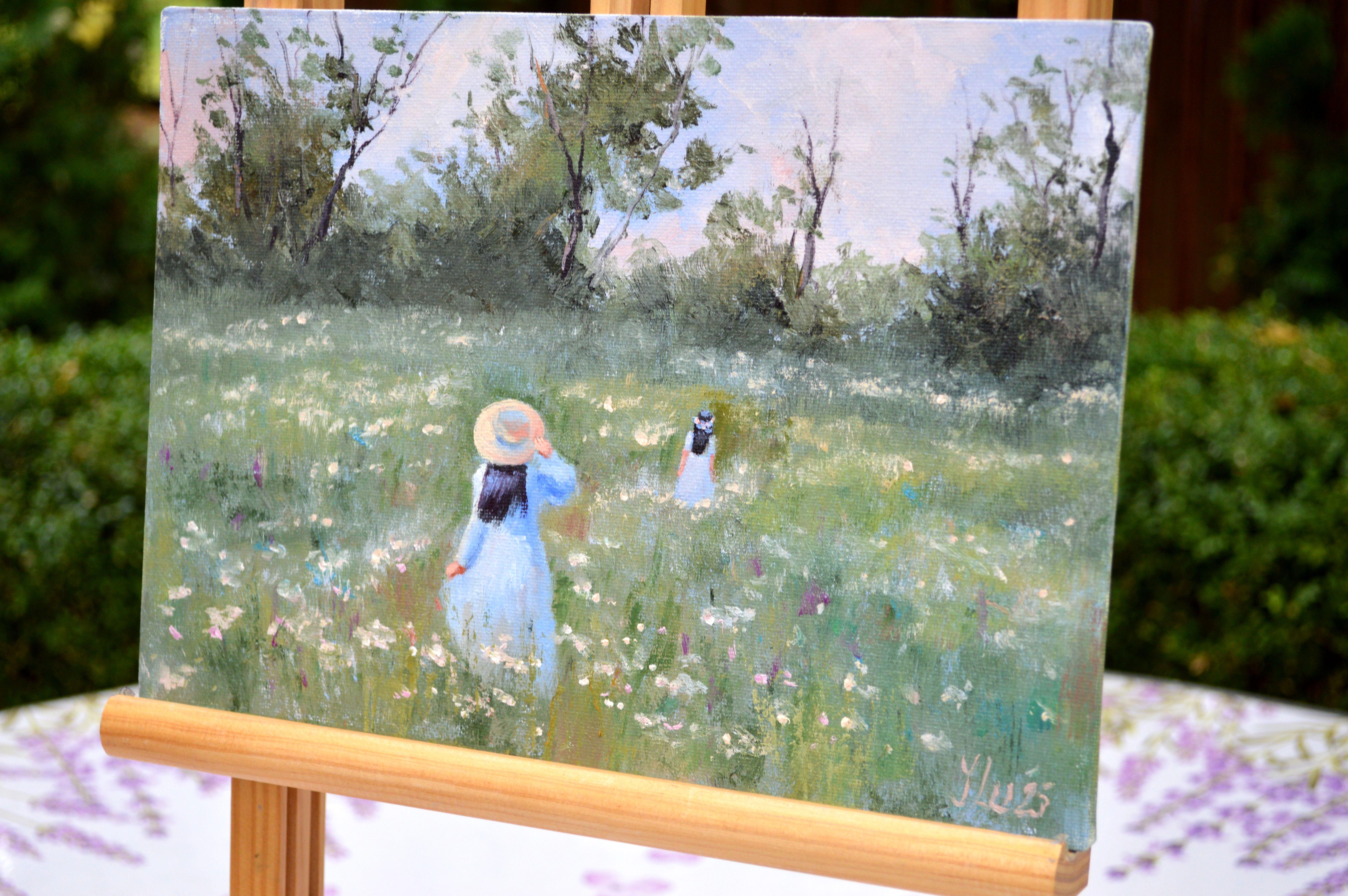 In den Wildblumen (Grau), Figurative Painting, von Elena Lukina