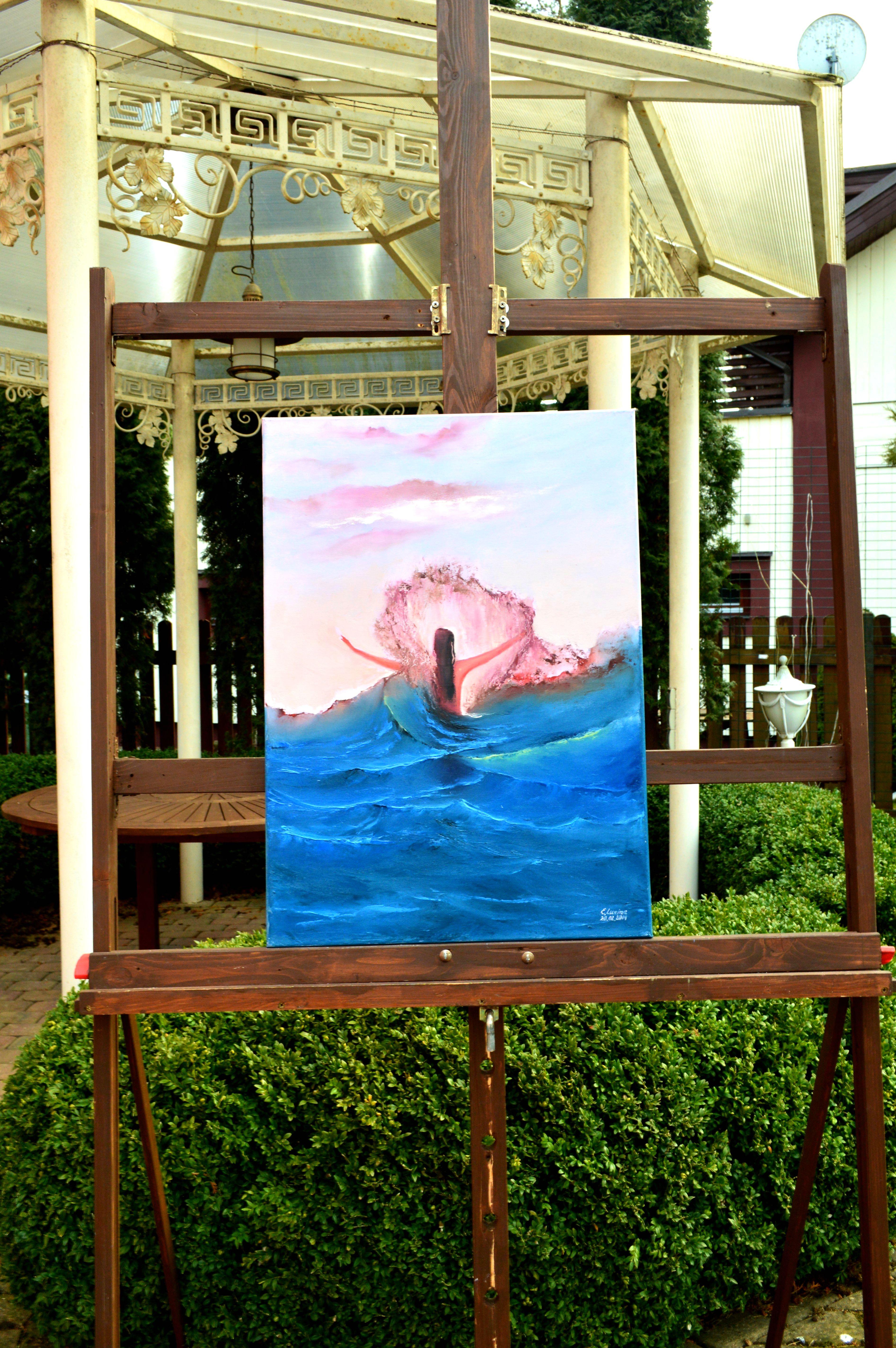 Dans ma peinture, j'ai capturé le moment exaltant de l'esprit humain brisant la vague tumultueuse de la nature. La palette audacieuse et les coups de pinceau dynamiques mettent en évidence la puissance brute de l'émotion et de la résilience. Cette