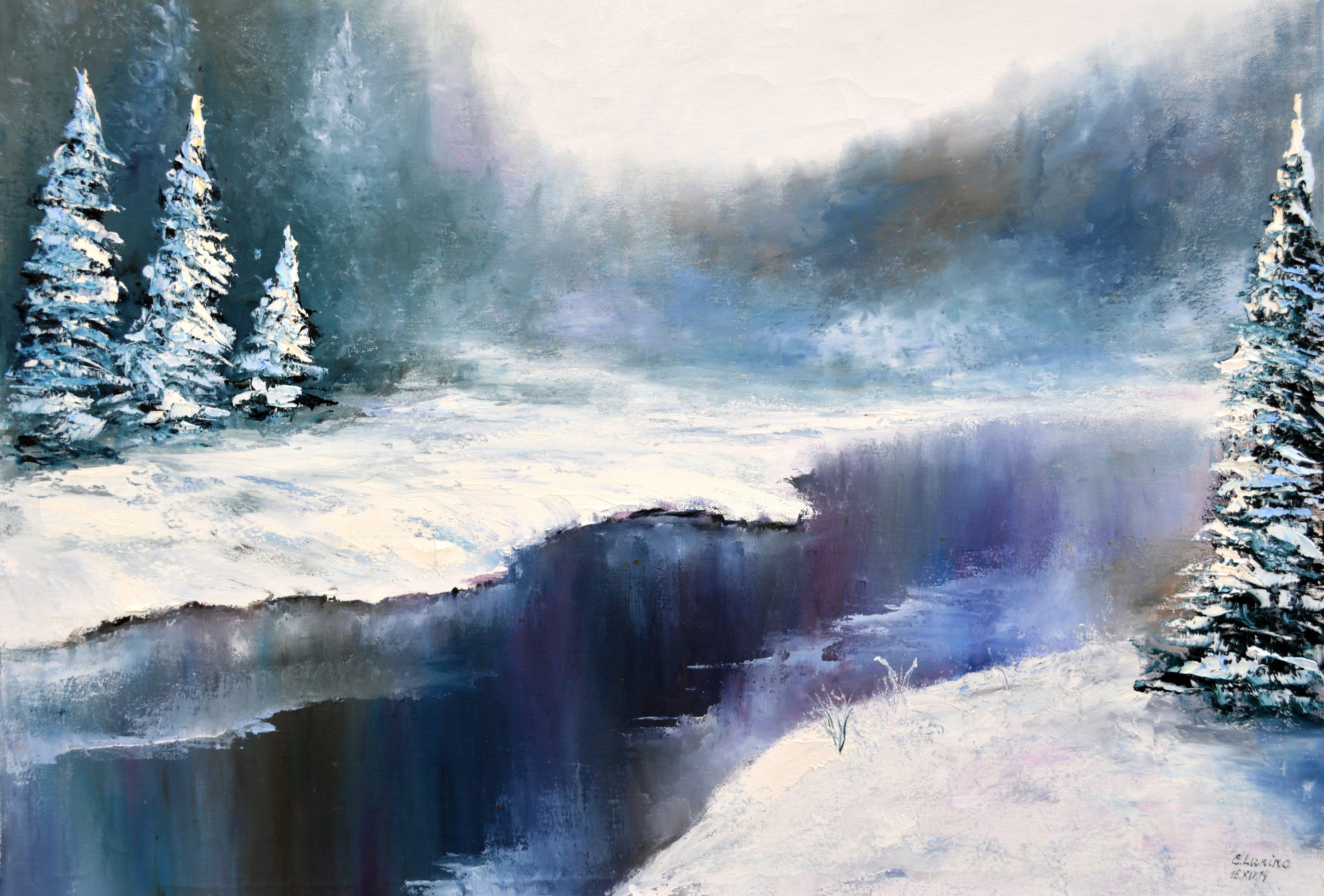 Elena Lukina Interior Painting - WINTER SALE! Into the forest to cut down Christmas tree 50X70
