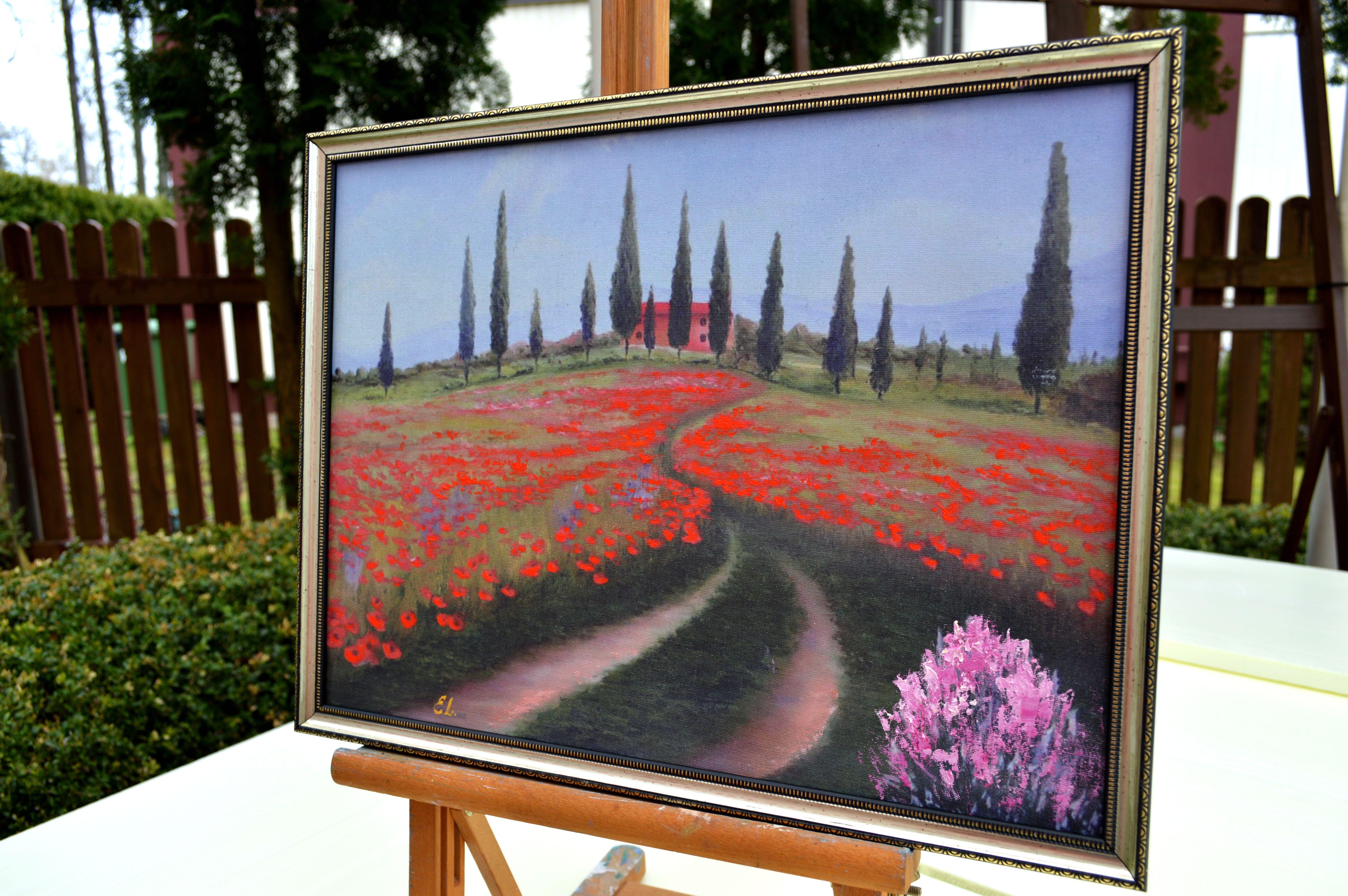 In this artwork, I've poured my soul into capturing the essence of a rustic Italian landscape, where the vibrant poppy fields dance under the sun's warm embrace. The path meanders, inviting you to wander through this tranquil haven, while the