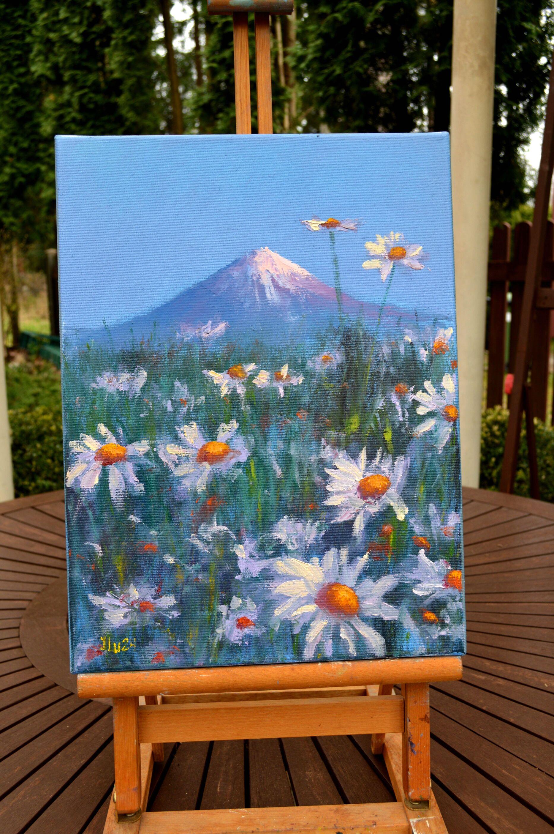 Japanese meadow daisies 40X30 - Painting by Elena Lukina