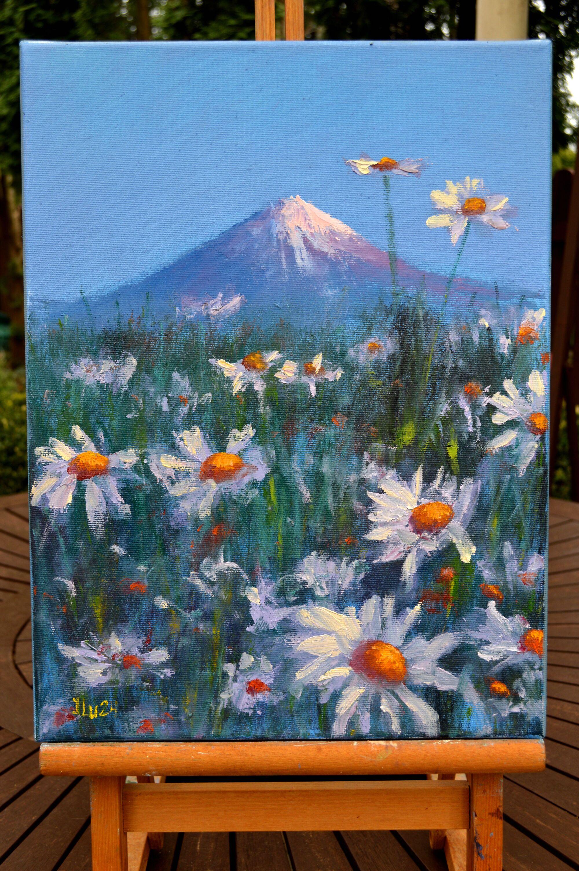Japanese meadow daisies 40X30 - Expressionist Painting by Elena Lukina