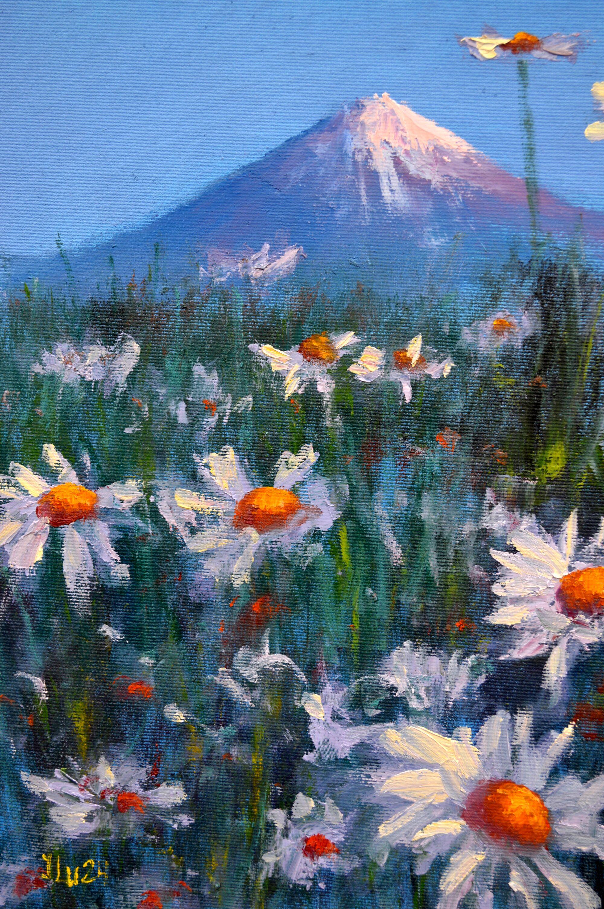 Japanese meadow daisies 40X30 - Blue Interior Painting by Elena Lukina