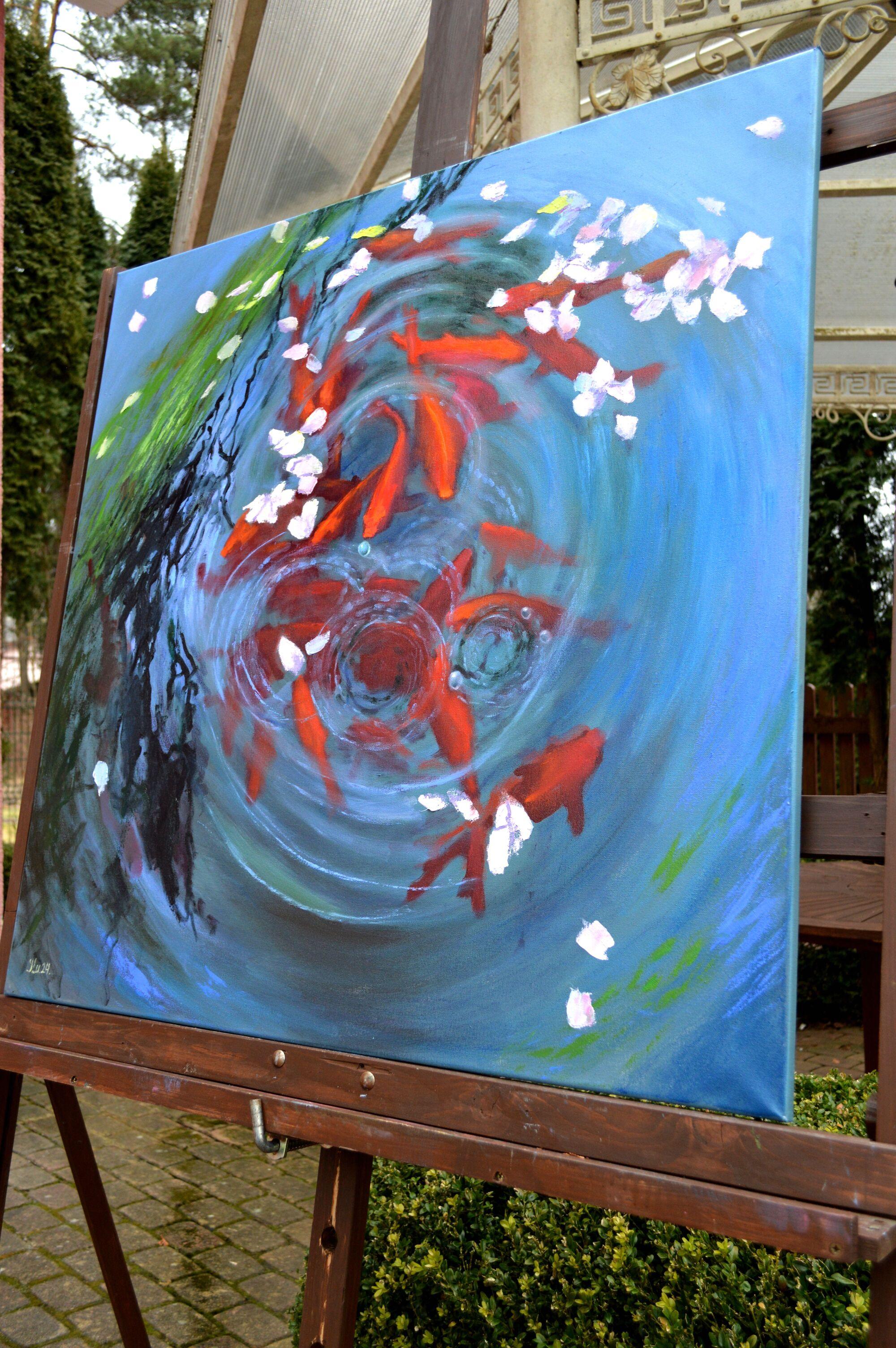 Japanese pond in spring - Painting by Elena Lukina