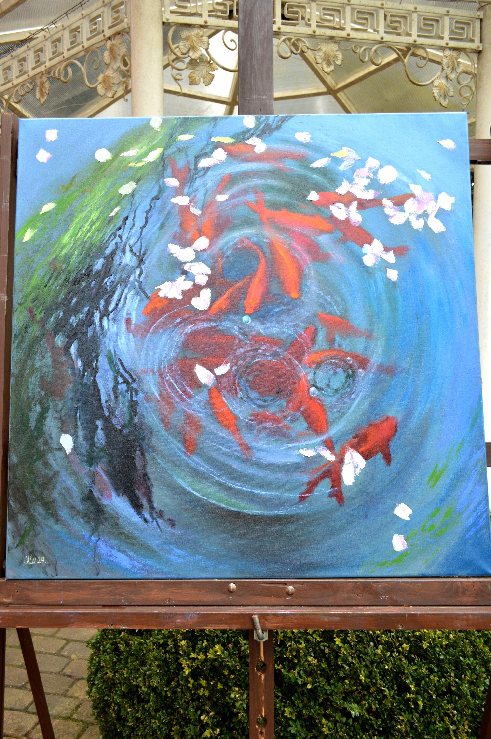 Japanischer Teich im Frühling (Expressionismus), Painting, von Elena Lukina