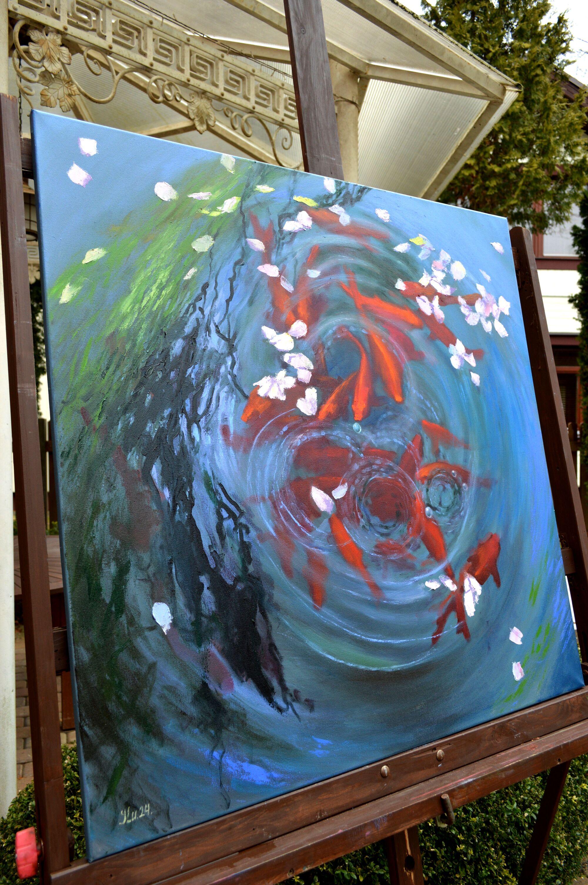 In this vibrant oil painting, I've poured my soul into capturing the essence of a serene springtime moment. The swirling water cradles the spirited Koi as they dance beneath the surface, embodying a cycle of renewal and vitality. Petals grace the