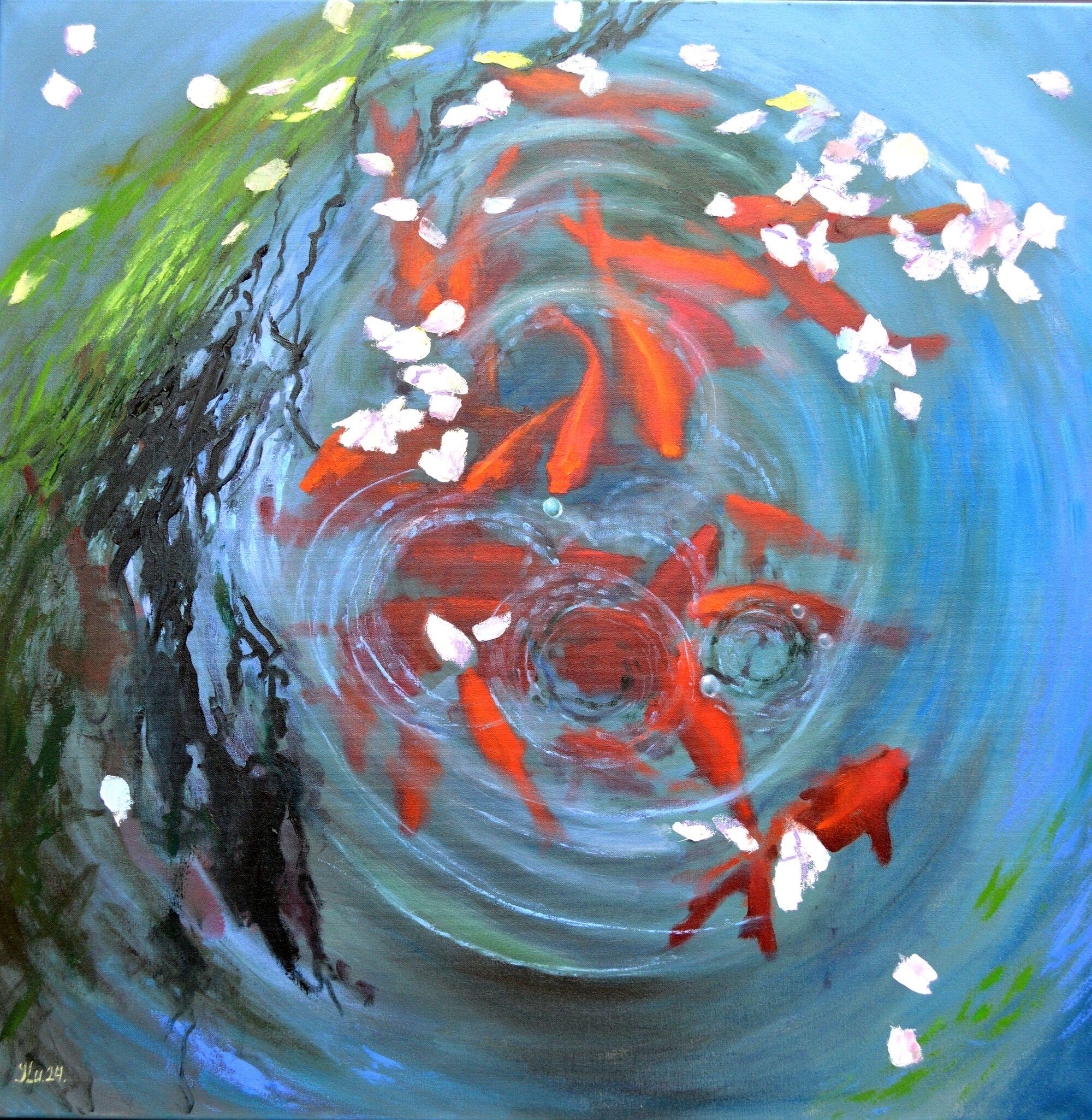 Elena Lukina Landscape Painting – Japanischer Teich im Frühling