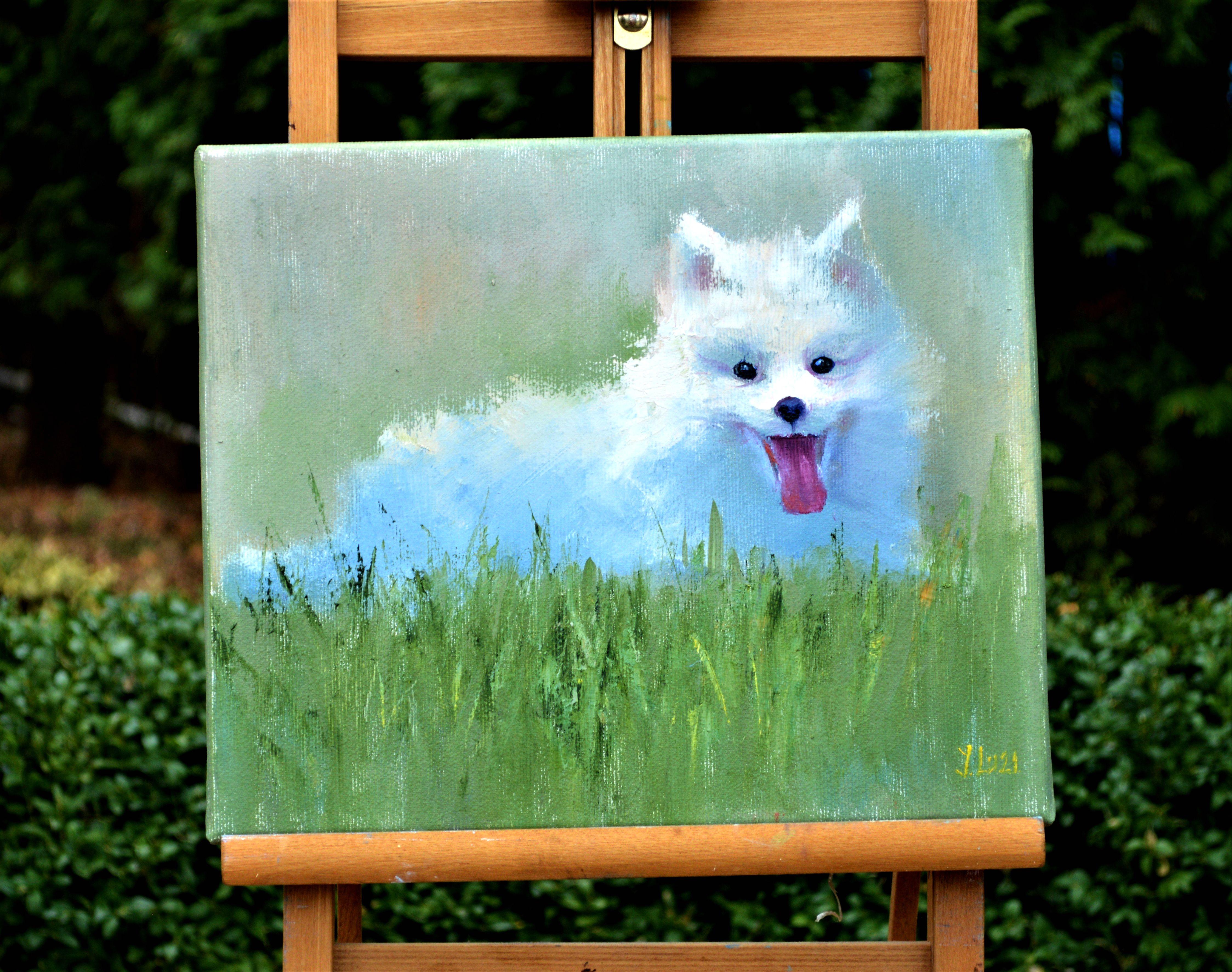 En este vibrante óleo, he captado la esencia juguetona de un alegre cachorro de Spitz japonés, sobre un fondo relajante. Su espíritu exuberante y su sonrisa contagiosa se expresan mediante trazos audaces e impresionistas, que invitan a la calidez y