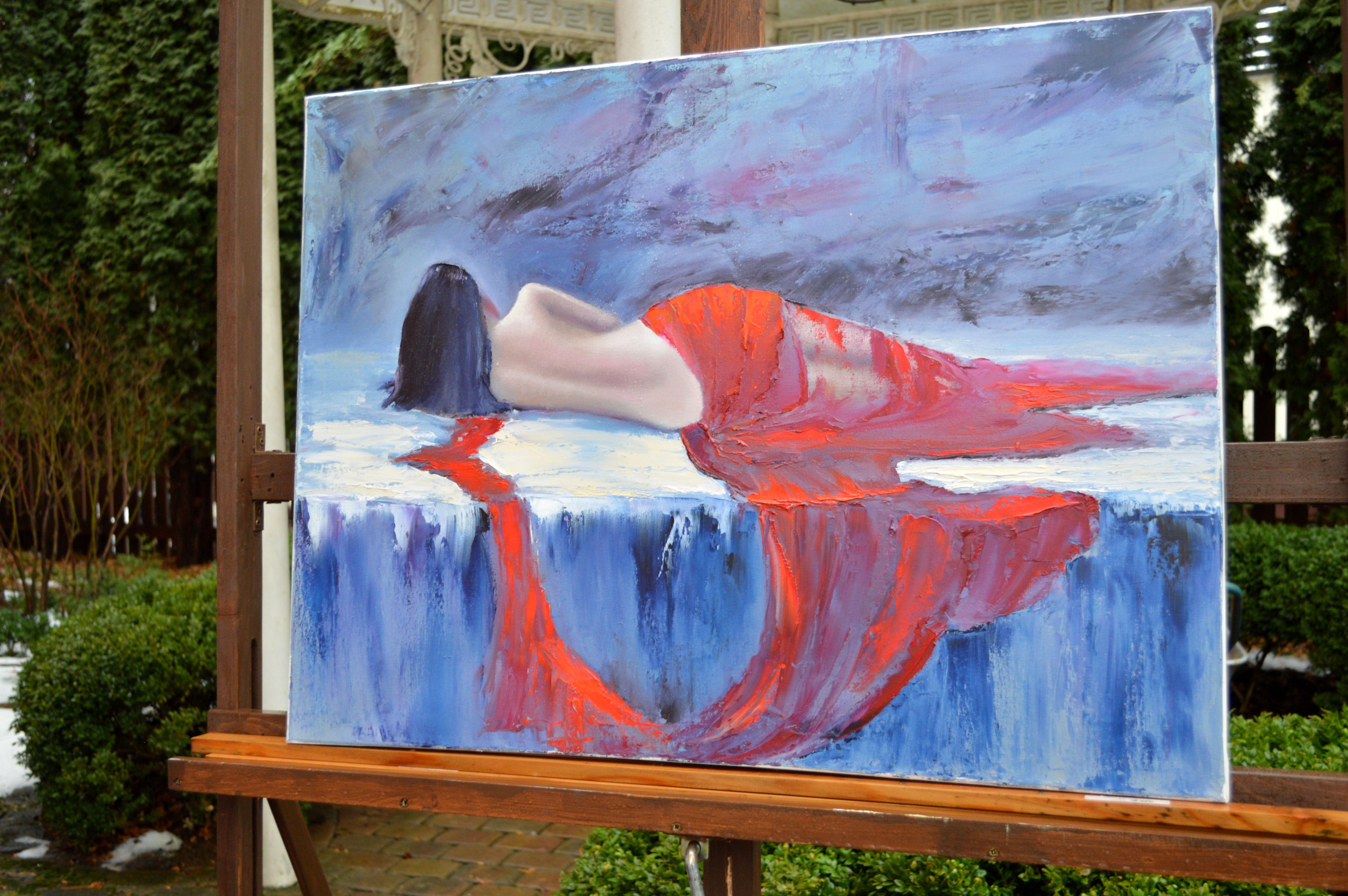 Dame in Rot 60X80 Öl (Grau), Figurative Painting, von Elena Lukina