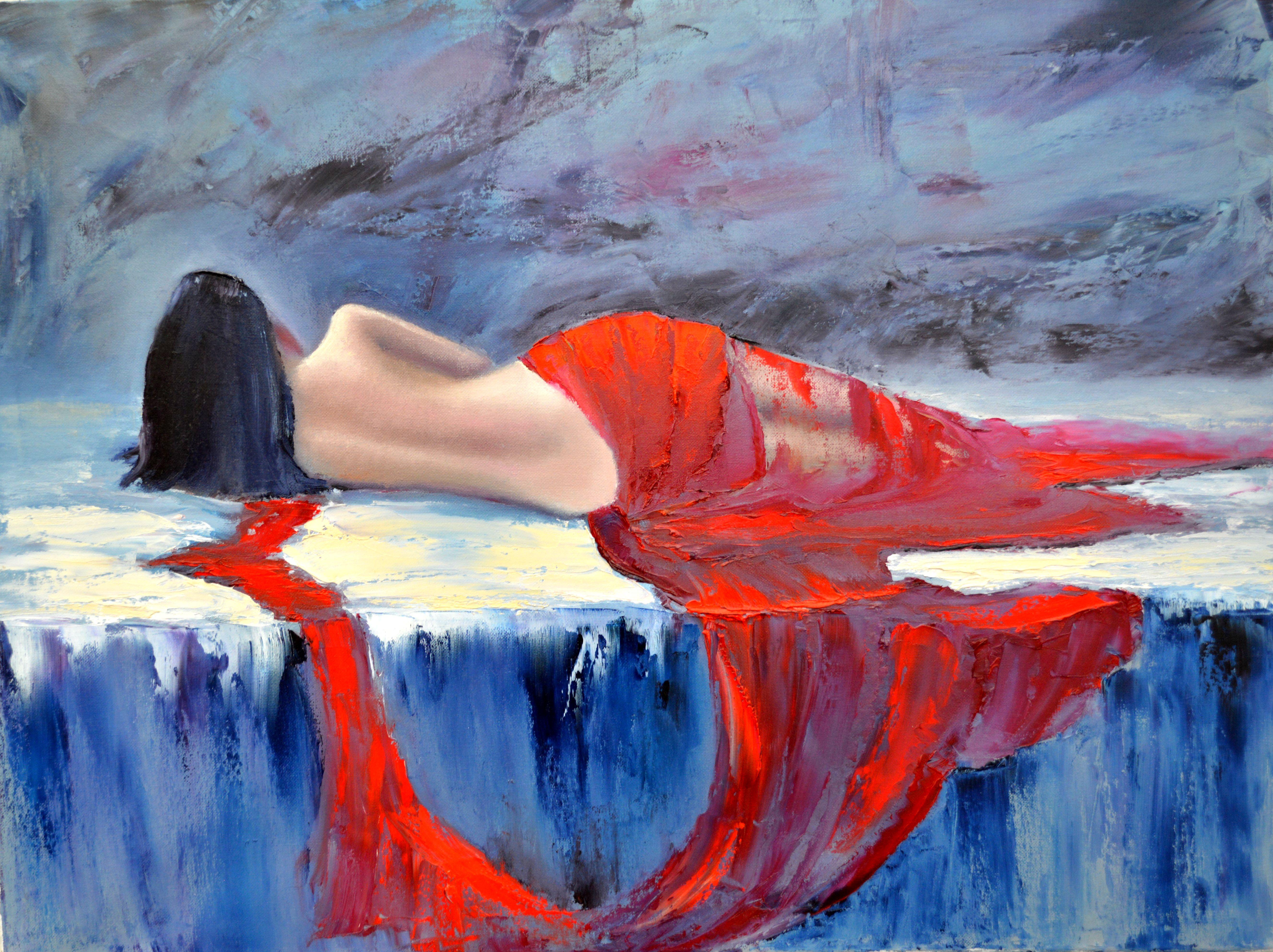 Elena Lukina Figurative Painting - Lady in Red 60X80 oil, Valentine’s Day gifts art