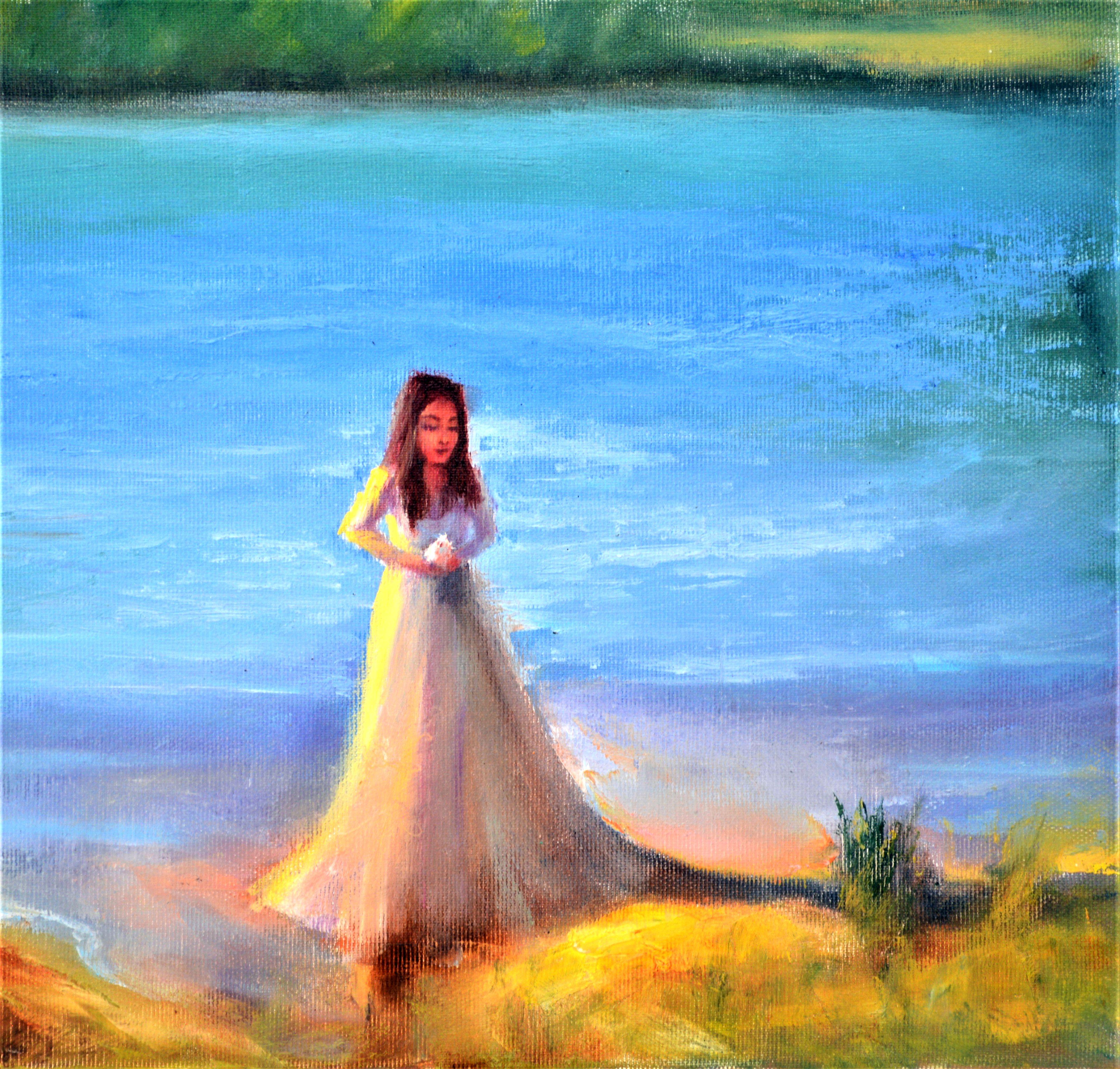 Lady with a Bird on Bank of a Lake - Painting by Elena Lukina