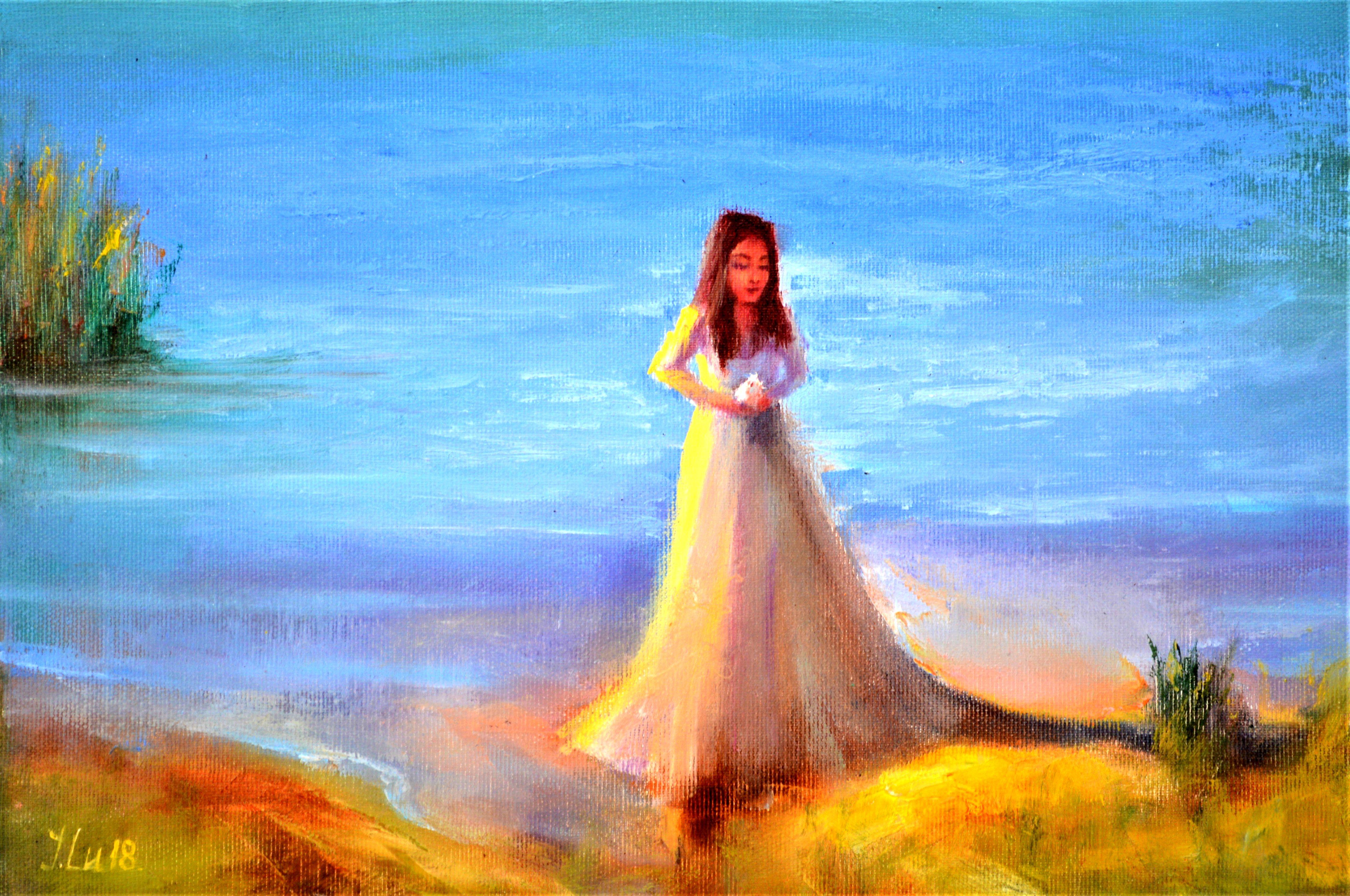 Lady with a Bird on Bank of a Lake - Expressionist Painting by Elena Lukina