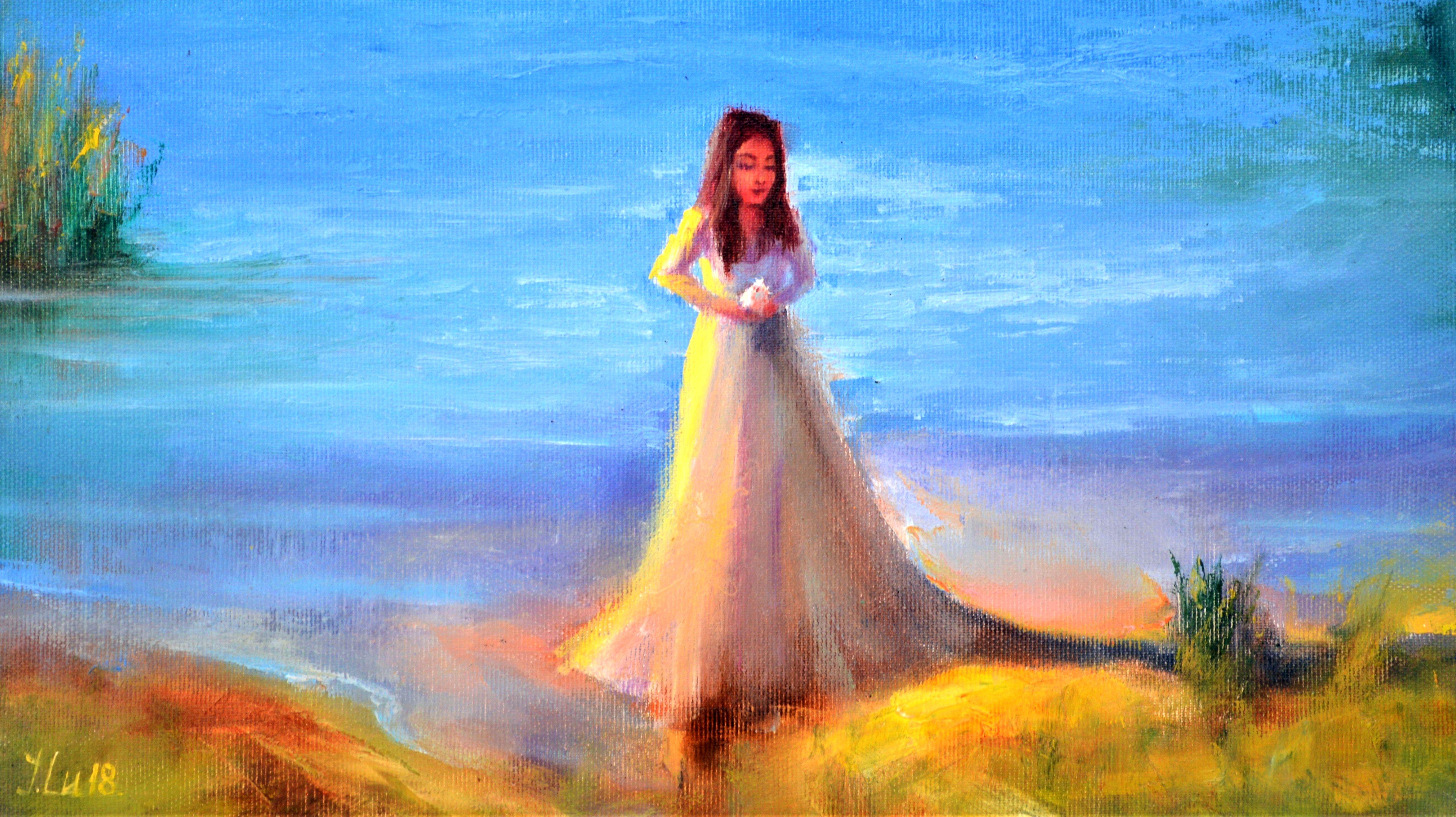 Lady with a Bird on Bank of a Lake - Blue Figurative Painting by Elena Lukina