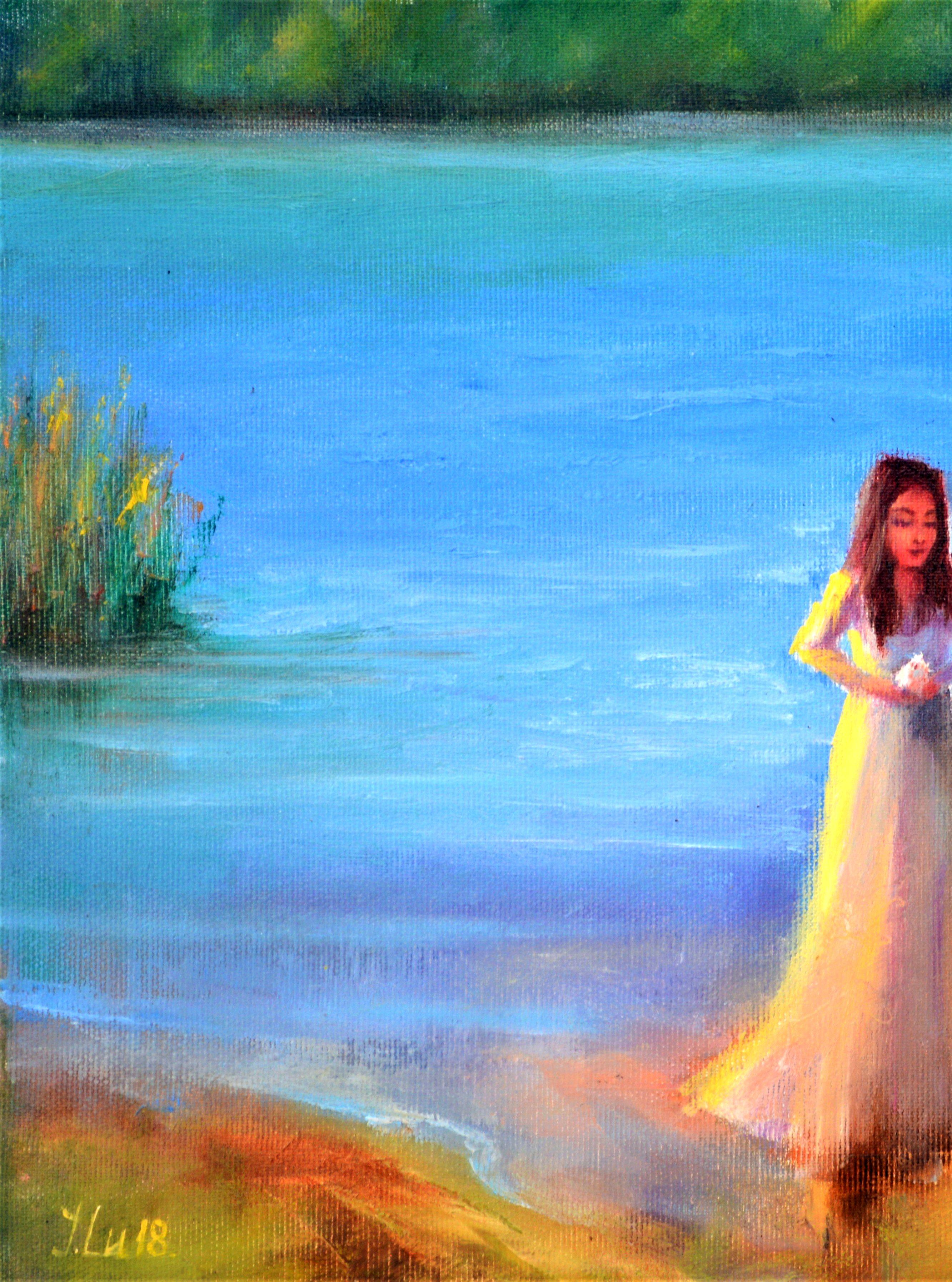 Lady with a Bird on Bank of a Lake For Sale 1