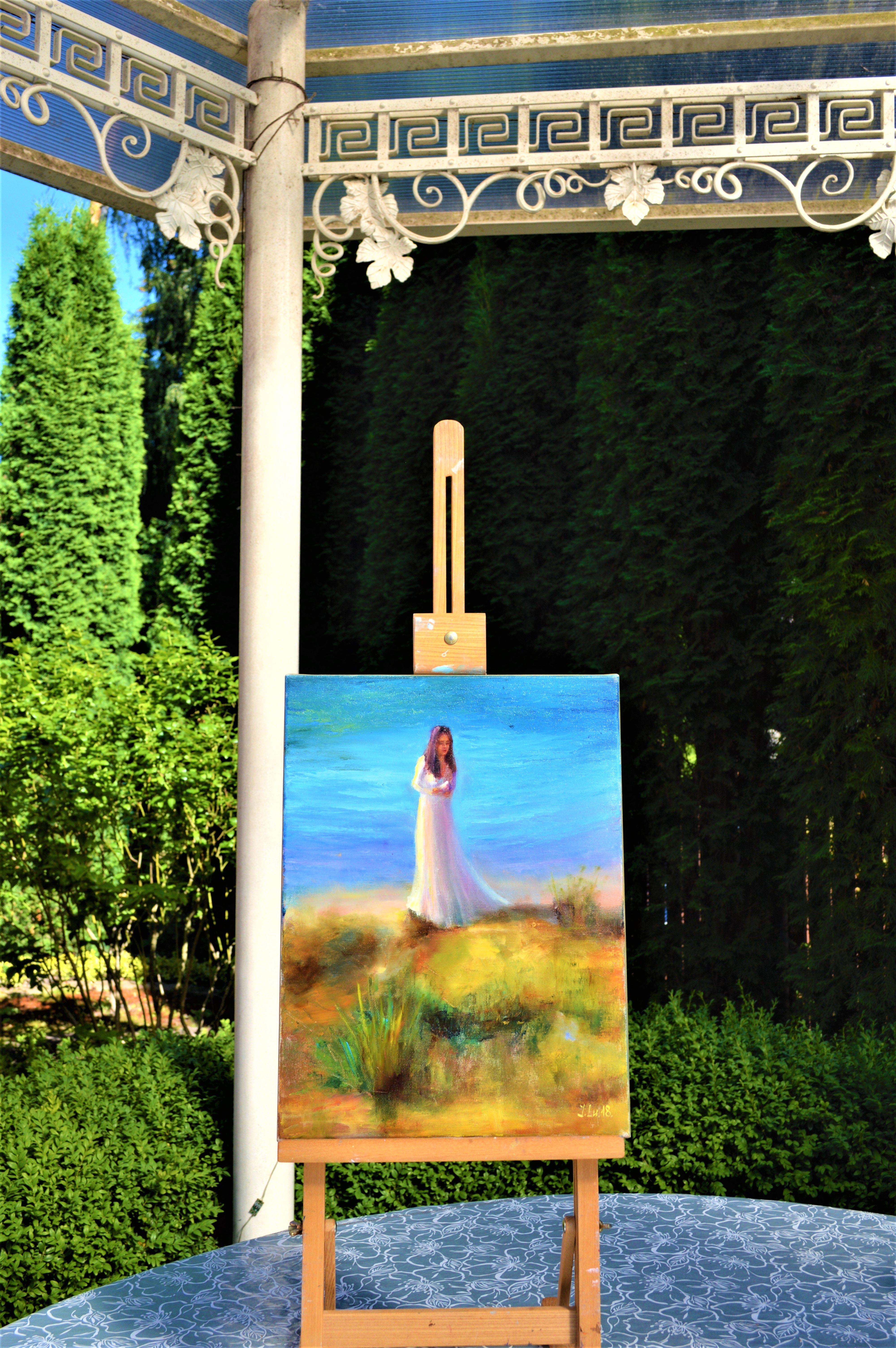 Signora con piccione - Painting Espressionista di Elena Lukina