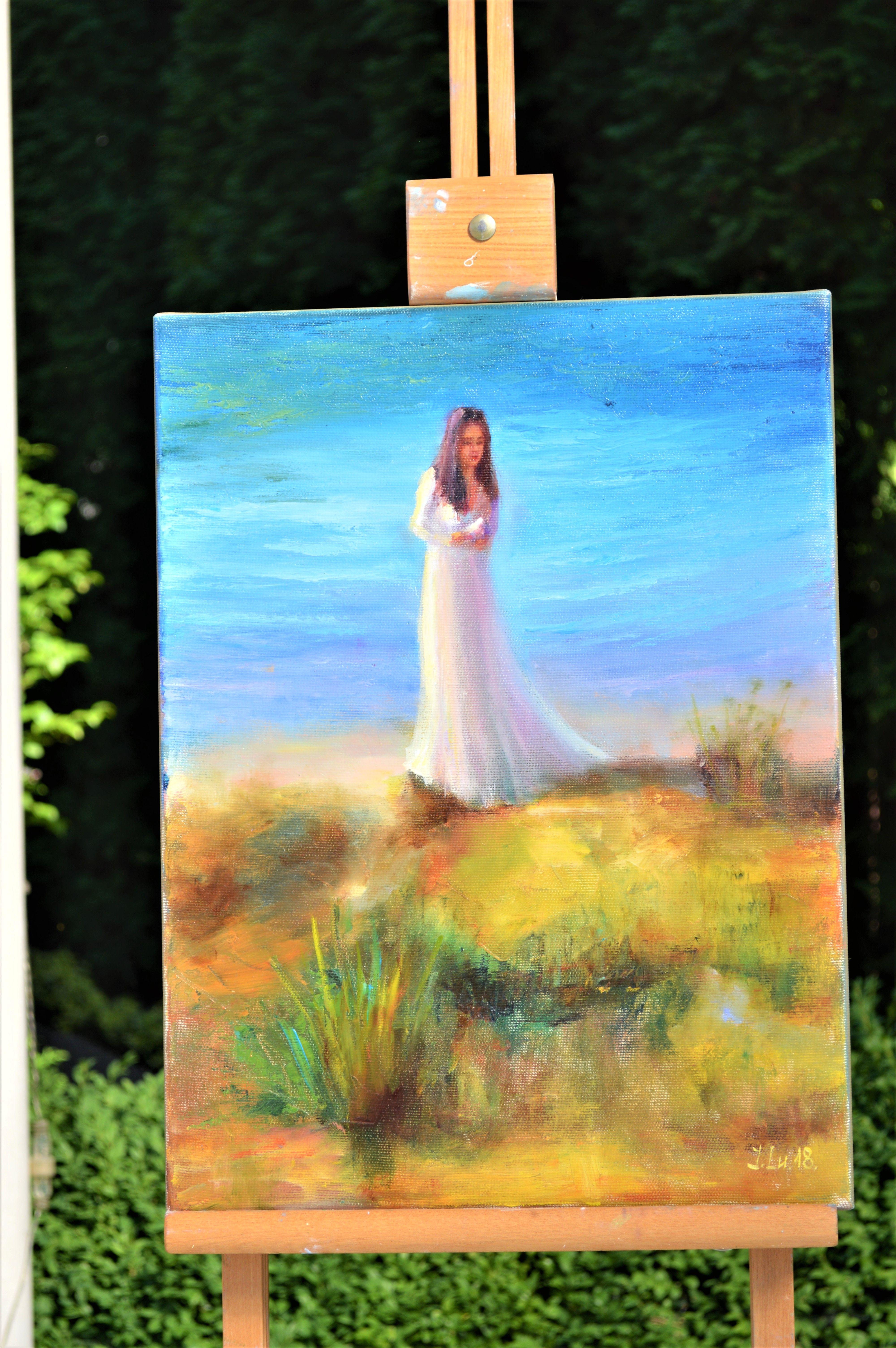 In questo dipinto a olio ho cercato di catturare un momento di serena introspezione, in cui una donna, avvolta in un morbido abito bianco, si trova da sola ma in bilico su un paesaggio vivido e quasi etereo. La miscela di espressionismo e realismo