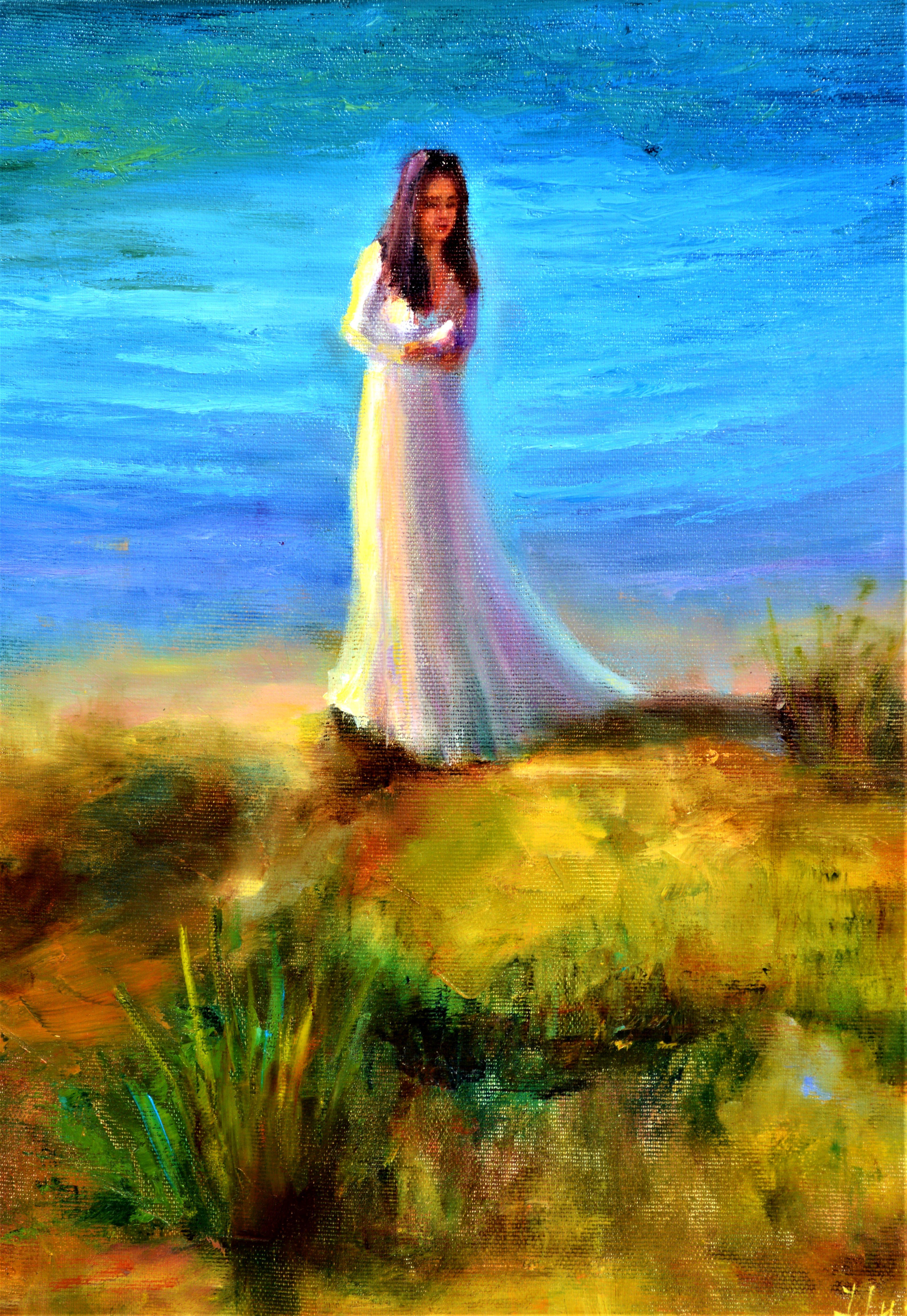 Landscape Painting di Elena Lukina - Signora con piccione