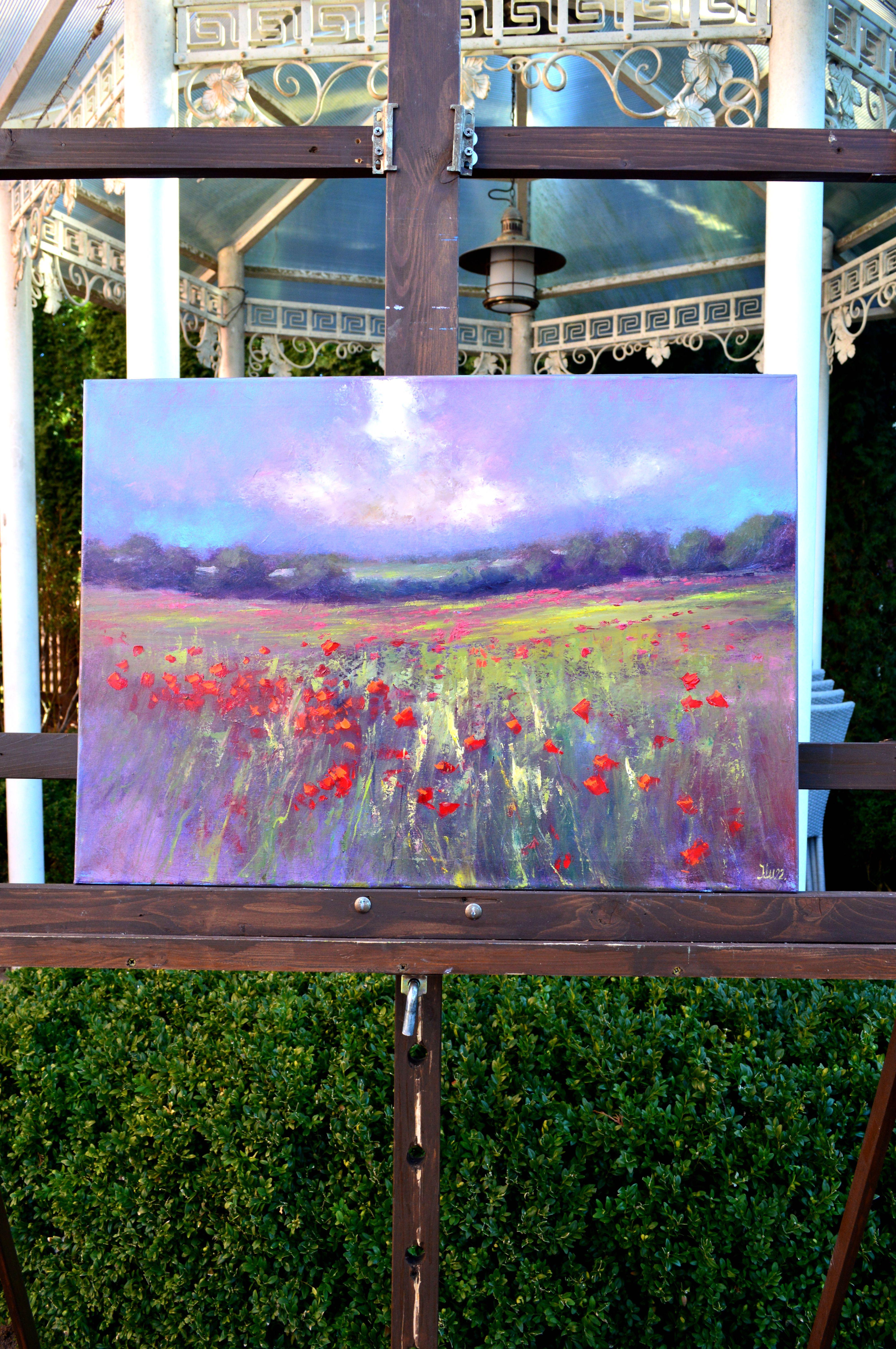 Landscape with poppy field - Expressionist Painting by Elena Lukina