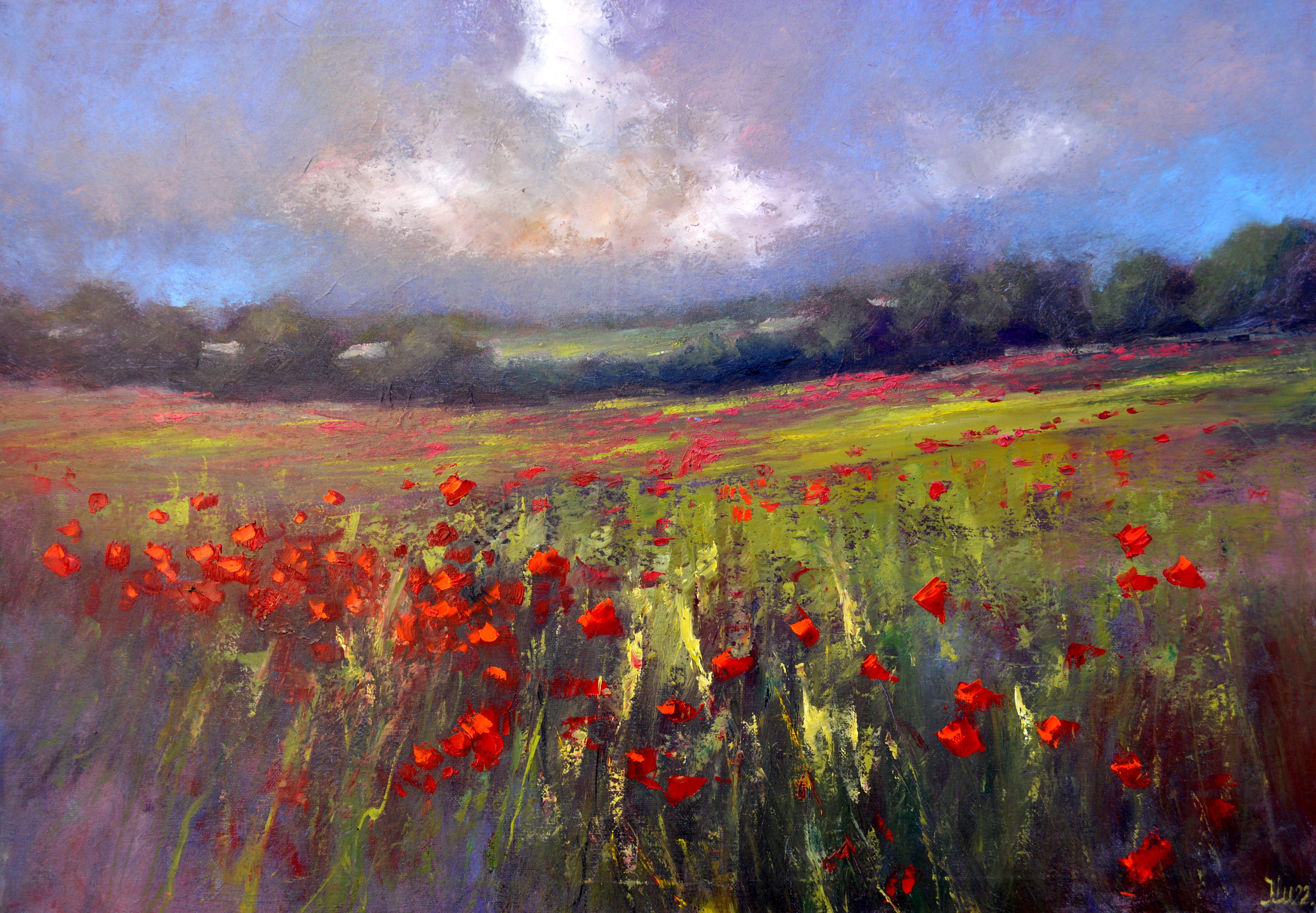 Paysage avec champ de coquelicots