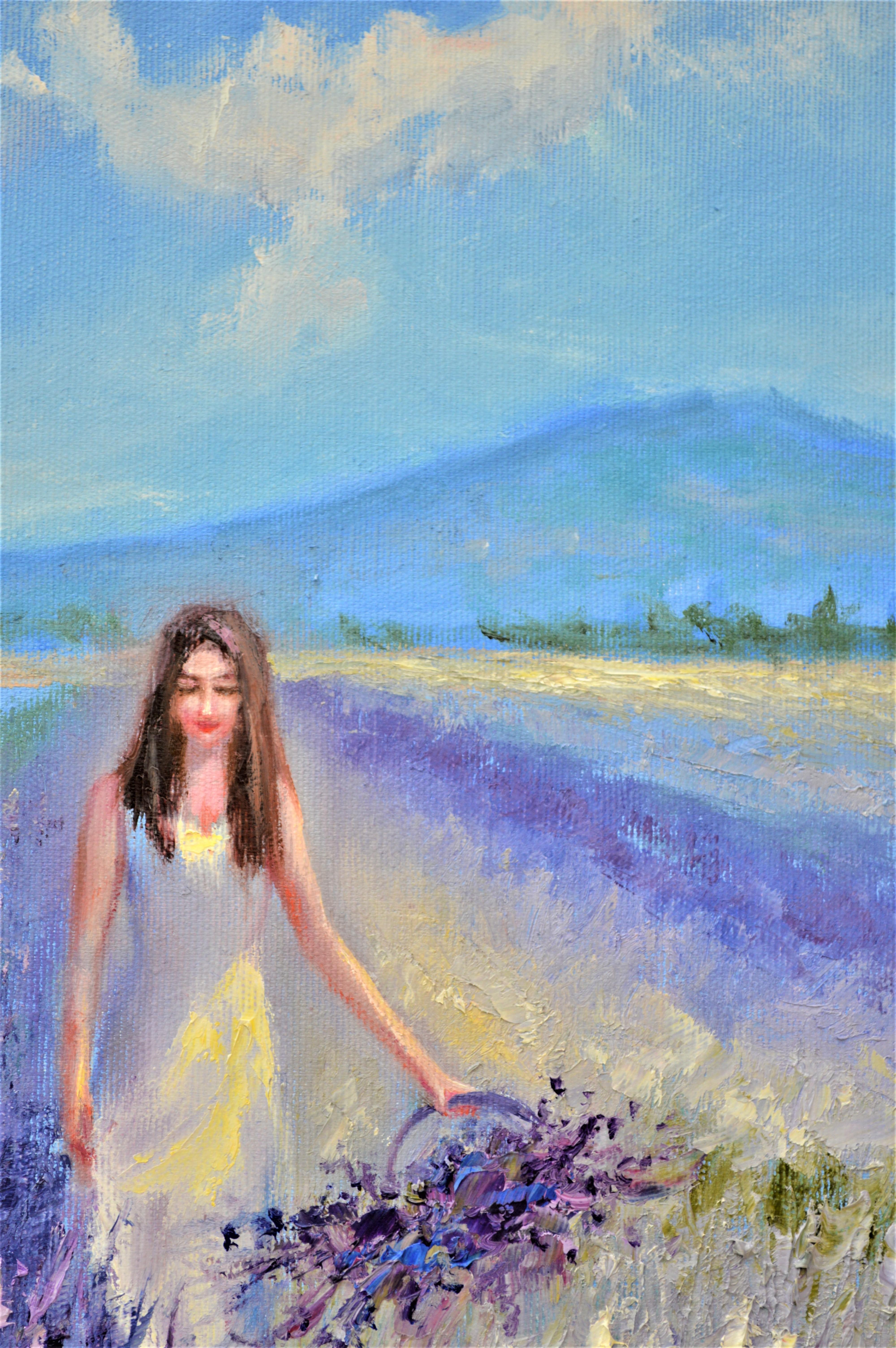 Senteur lavande - Violet Landscape Painting par Elena Lukina