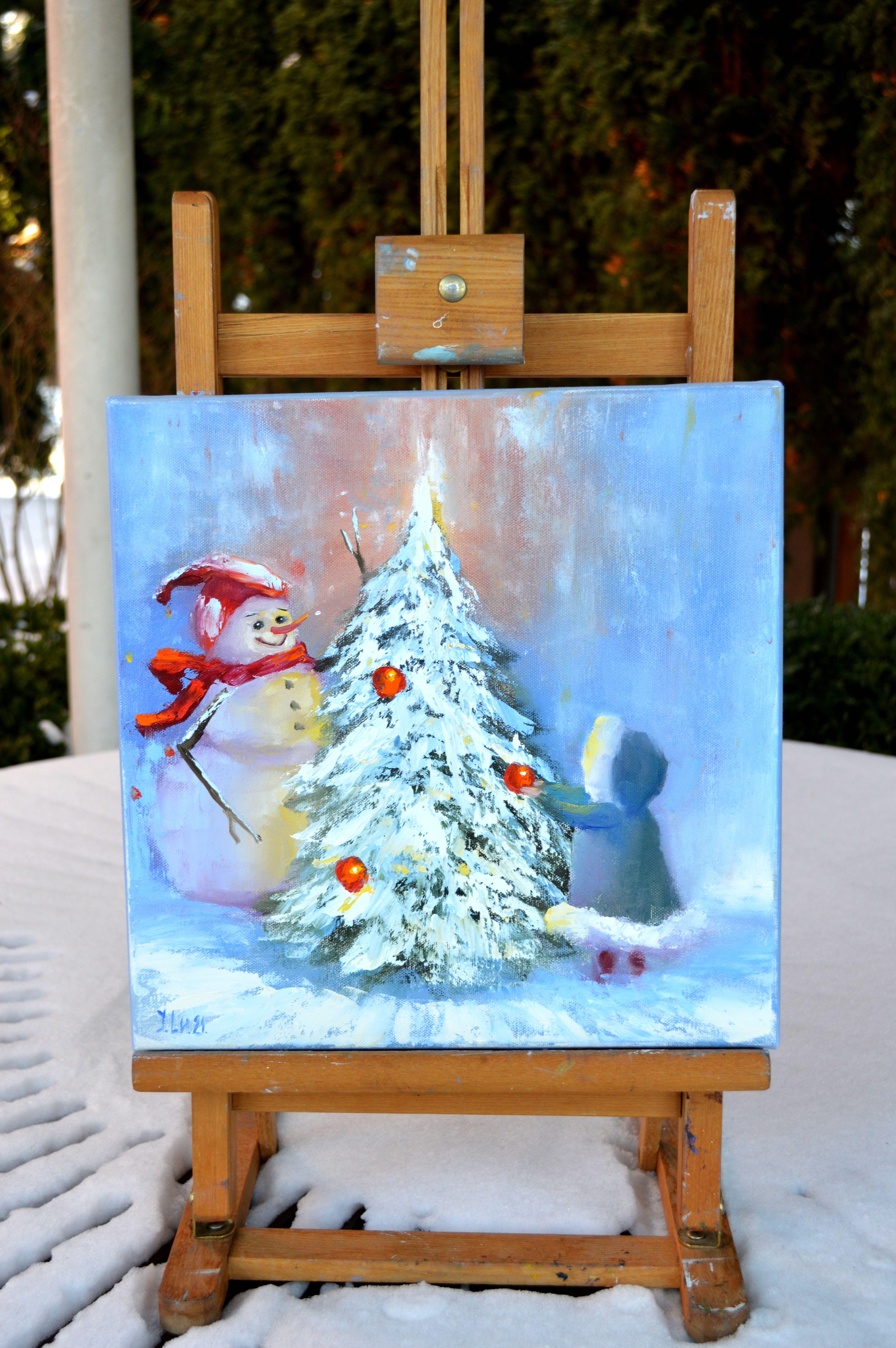 Light the Christmas Tree! 30X30 - Expressionist Painting by Elena Lukina